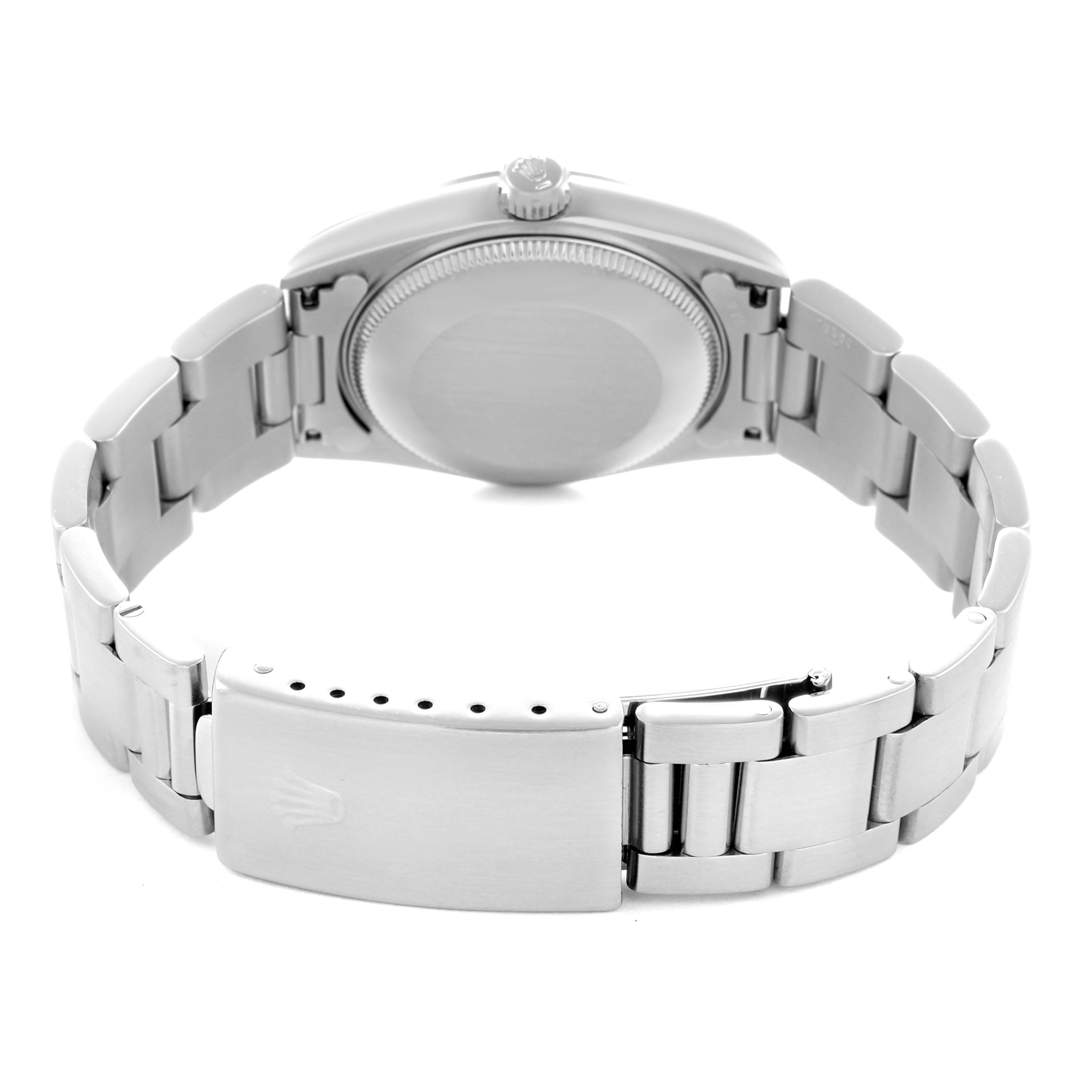 The Rolex Mid-Size 78240 Women
s Stainless Steel Black Dial 78240 Women
s Stainless Steel Black Dial watch is shown from the back, highlighting the caseback, bracelet, and clasp.