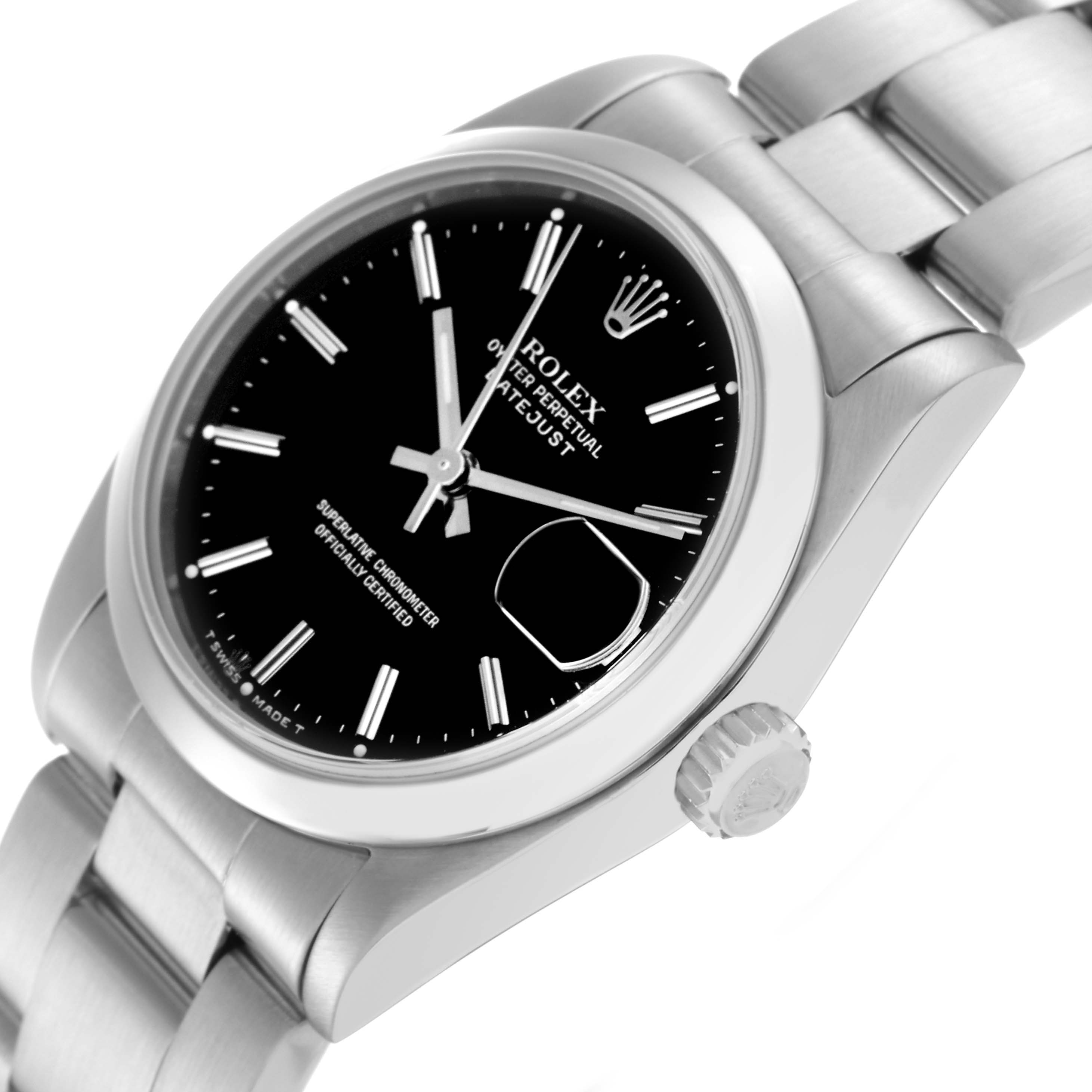 The Rolex Mid-Size 78240 Women
s Stainless Steel Black Dial 78240 Women
s Stainless Steel Black Dial watch is shown at a slight angle, displaying the dial, bezel, crown, and a portion of the bracelet.