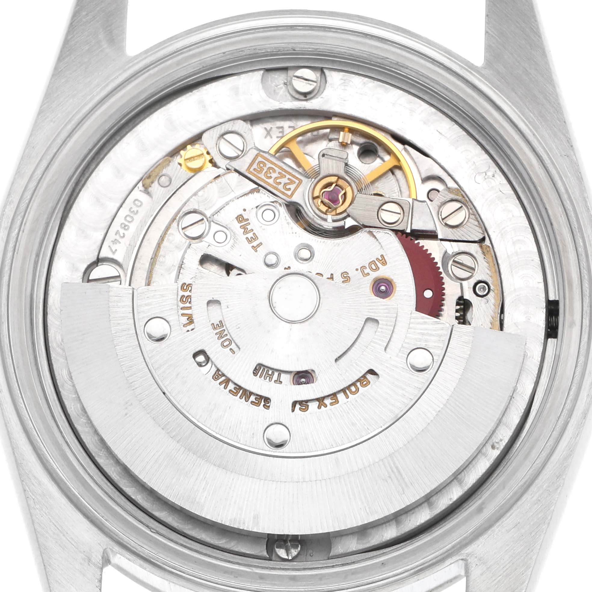 The image shows the movement and internal mechanism of a Rolex Mid-Size 78240 Women
s Stainless Steel Black Dial 78240 Women
s Stainless Steel Black Dial watch from a top-down angle.