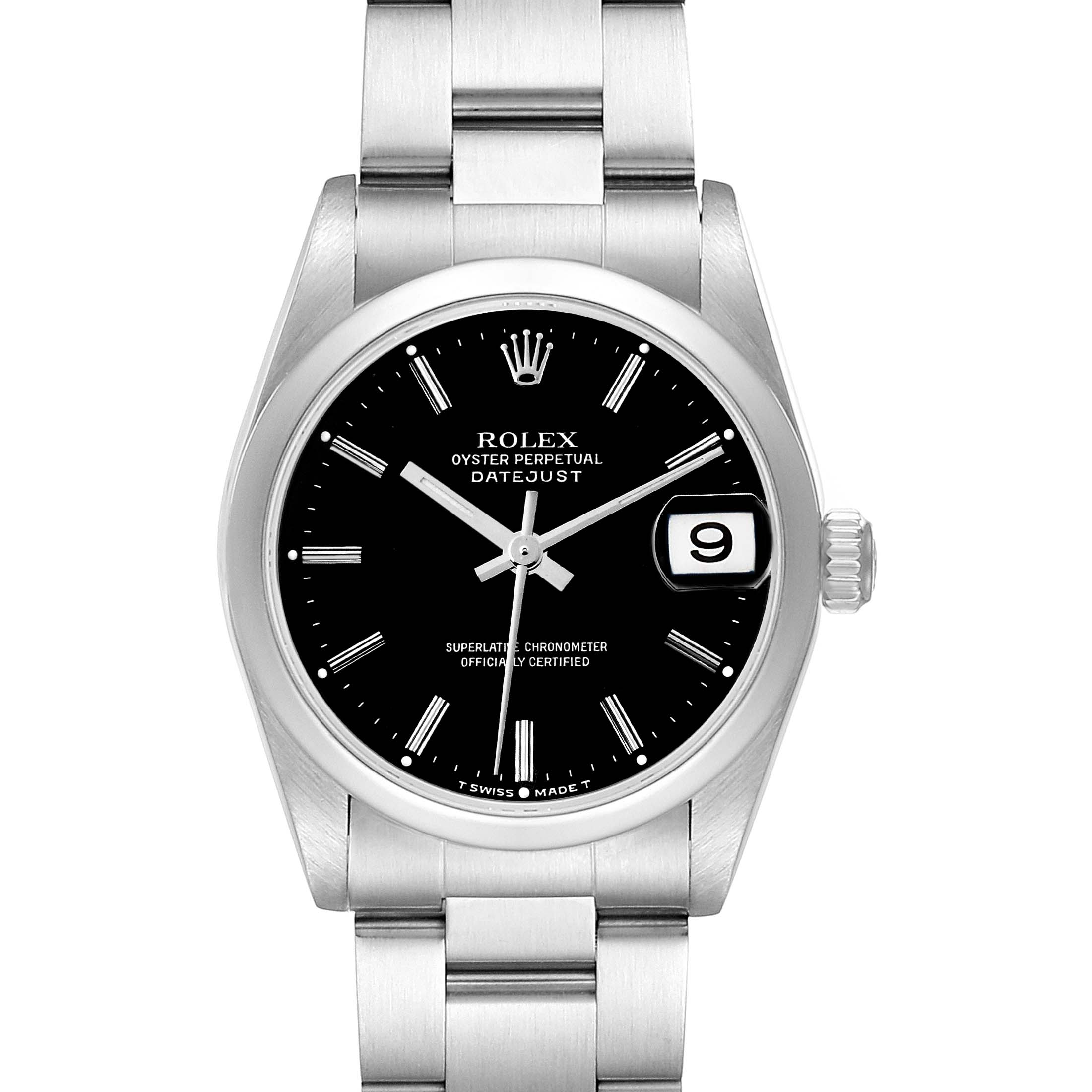 The Rolex Datejust Mid-Size watch is shown from a top-down angle, displaying the face, bezel, crown, and bracelet.