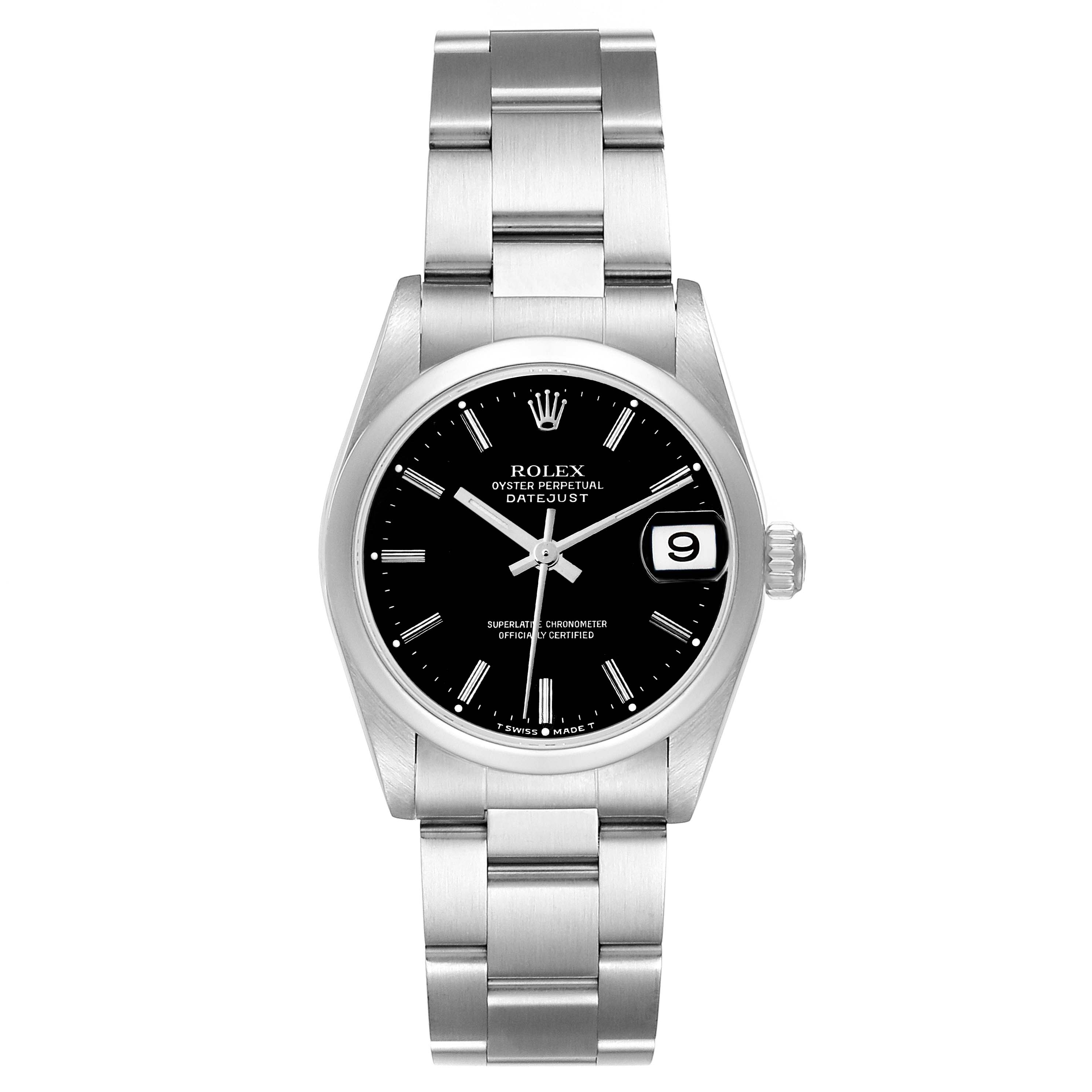 The Rolex Mid-Size 78240 Women
s Stainless Steel Black Dial 78240 Women
s Stainless Steel Black Dial model is shown from a front angle, displaying its black dial, date window, and stainless steel bracelet.
