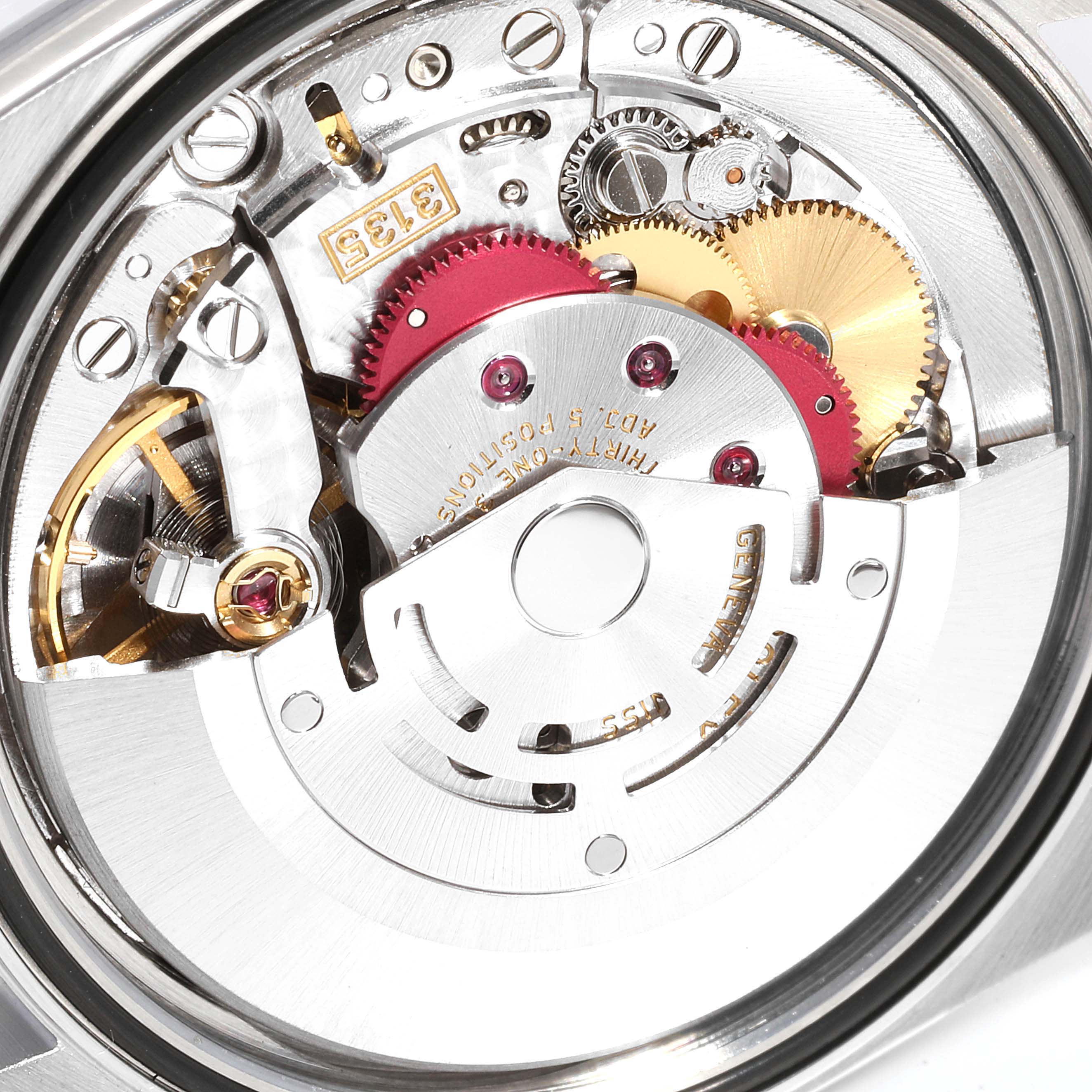 The image shows the internal movement mechanism of a Rolex Datejust 16200 Men
s Stainless Steel Grey Dial 16200 Men
s Stainless Steel Grey Dial watch, viewed from the back.