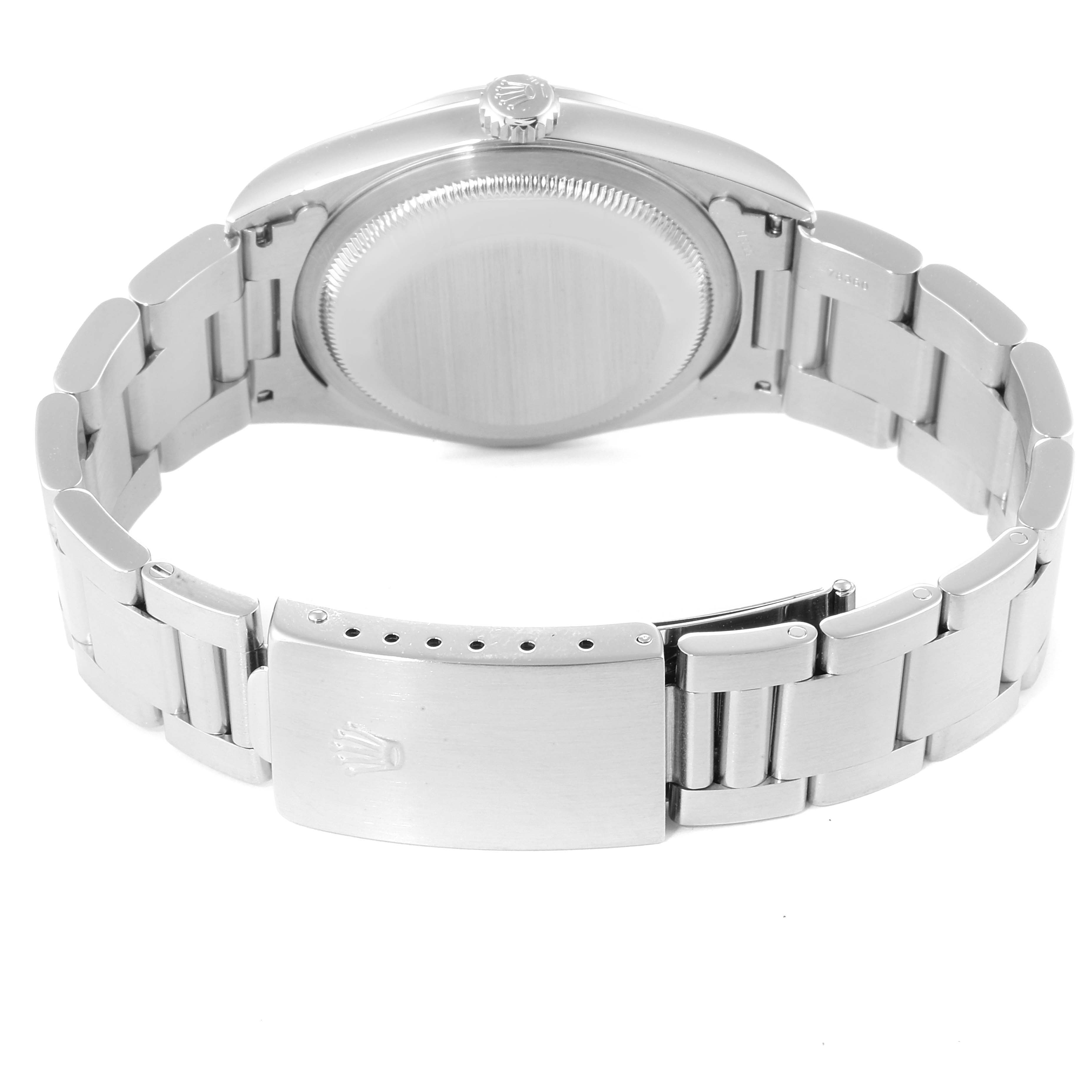 The image shows the backside of a Rolex Datejust 16200 Men
s Stainless Steel Grey Dial 16200 Men
s Stainless Steel Grey Dial watch, featuring the case back and metal bracelet with clasp.