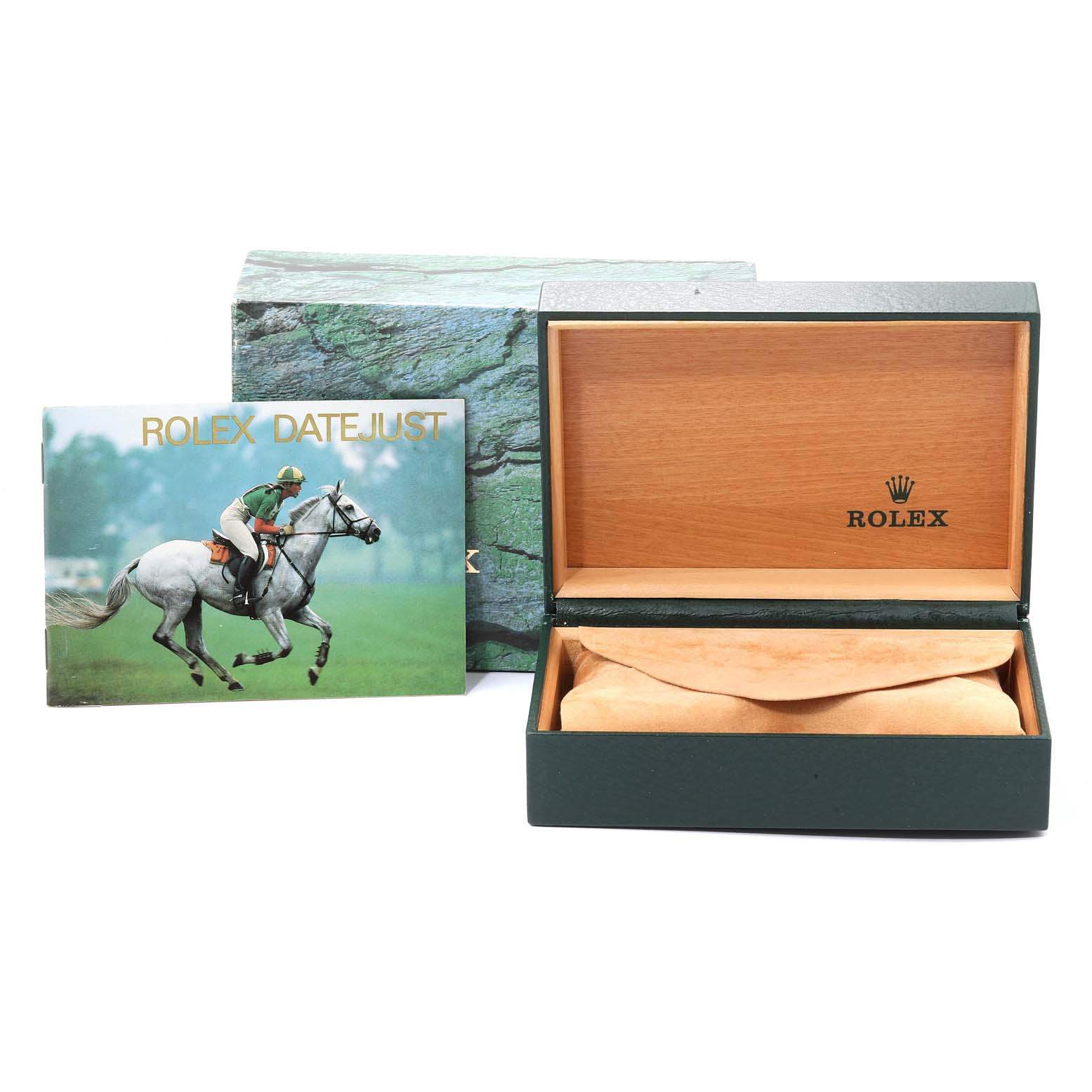 The image displays an open Rolex Datejust 16200 Men
s Stainless Steel Grey Dial 16200 Men
s Stainless Steel Grey Dial watch box and a manual, showcasing the watch
s packaging and documentation.