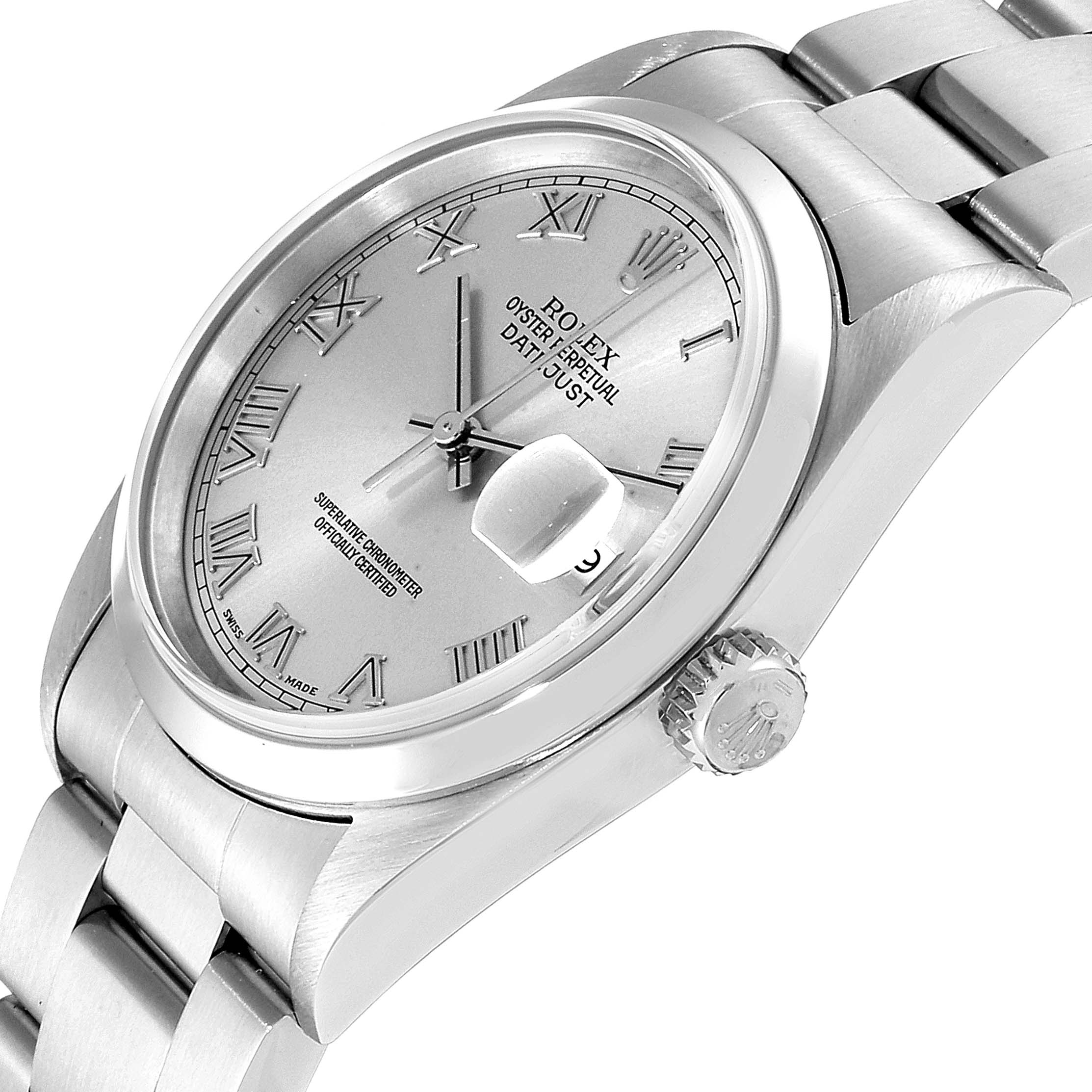 This image shows a close-up, angled view of the Rolex Datejust 16200 Men
s Stainless Steel Grey Dial 16200 Men
s Stainless Steel Grey Dial watch
s face, crown, and part of the bracelet.