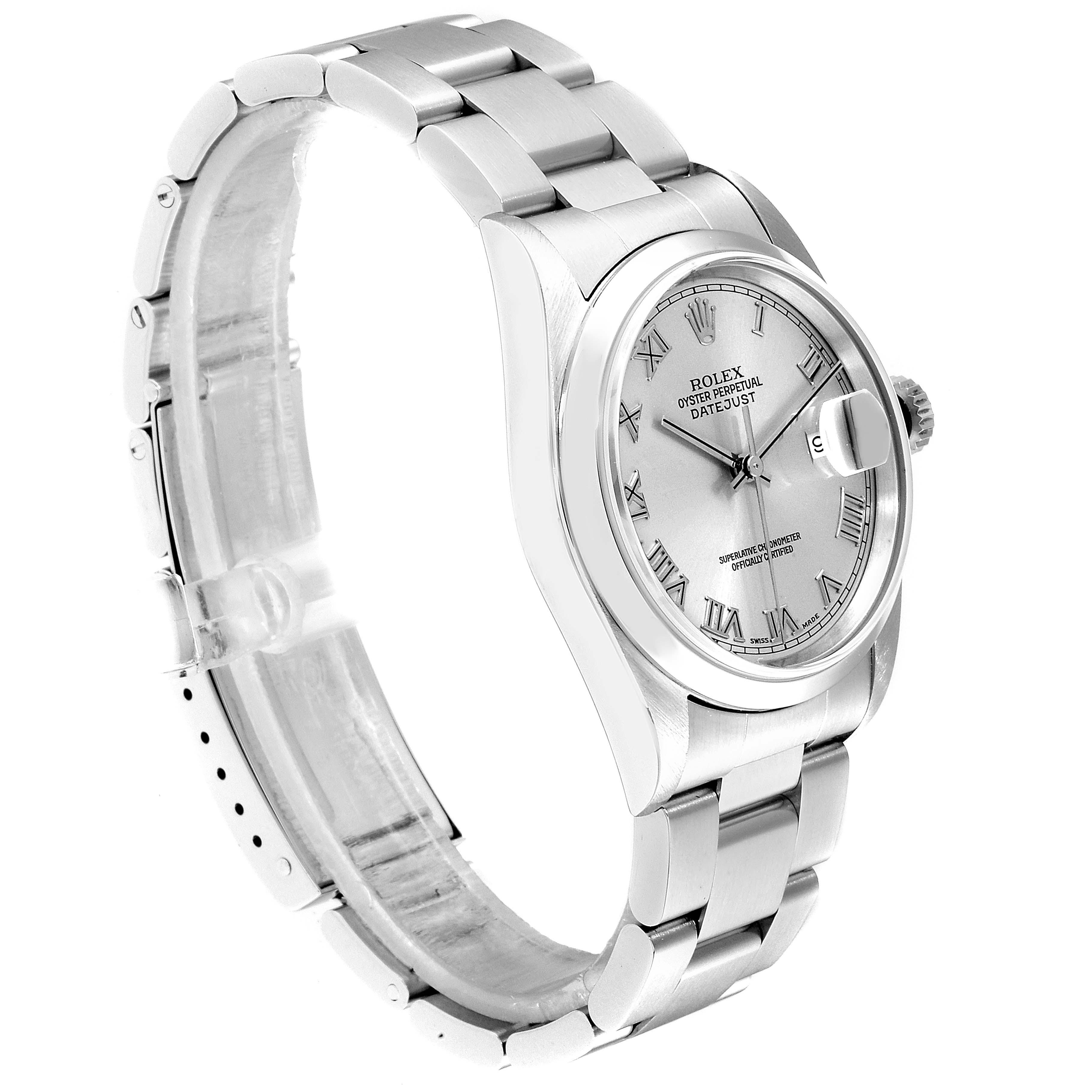This image shows a side angle view of a Rolex Datejust 16200 Men
s Stainless Steel Grey Dial 16200 Men
s Stainless Steel Grey Dial watch, highlighting its case, bracelet, and dial with Roman numerals.