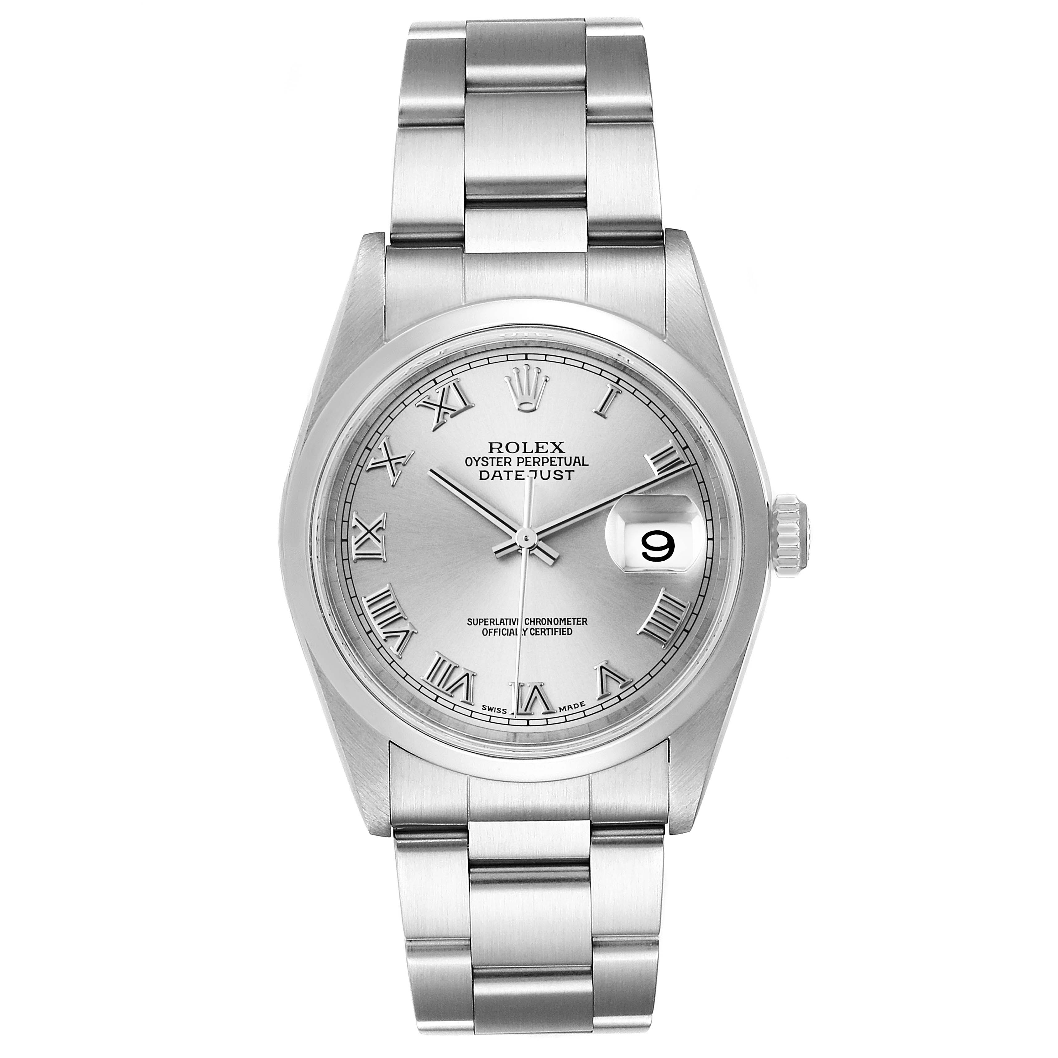This Rolex Datejust 16200 Men
s Stainless Steel Grey Dial 16200 Men
s Stainless Steel Grey Dial watch is shown from the front, displaying the dial, Roman numerals, bracelet, and date window.