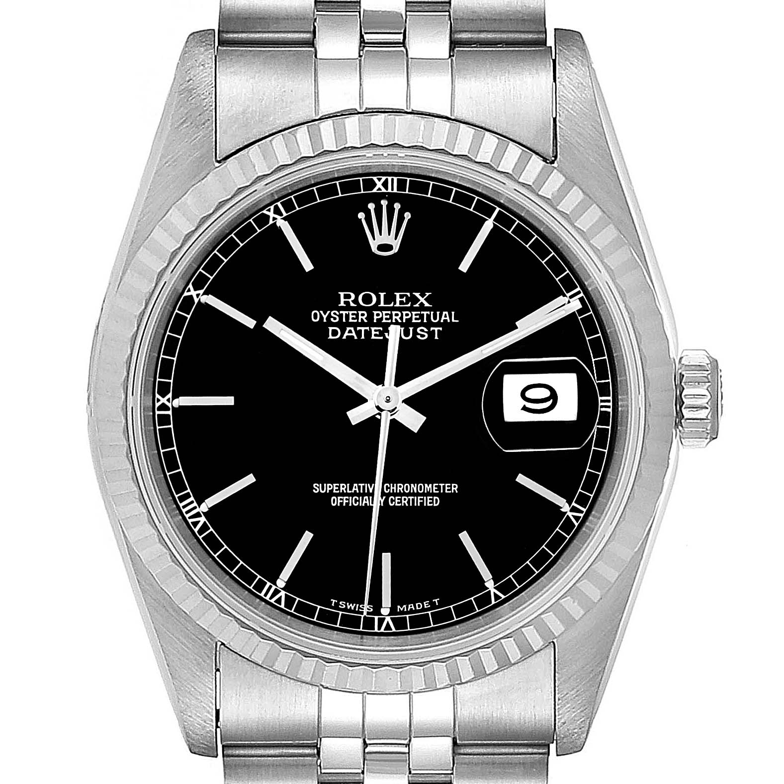 The image shows a front view of the Rolex Datejust 16234 Men's Stainless Steel Black Dial 16234 Men's Stainless Steel Black Dial watch, highlighting its dial, hands, date window, and bracelet.