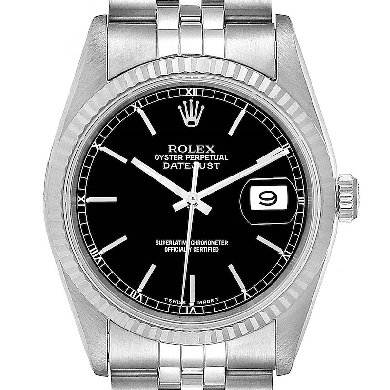 Rolex Datejust 36 Steel White Gold Black Dial Mens Watch 16234 SwissWatchExpo