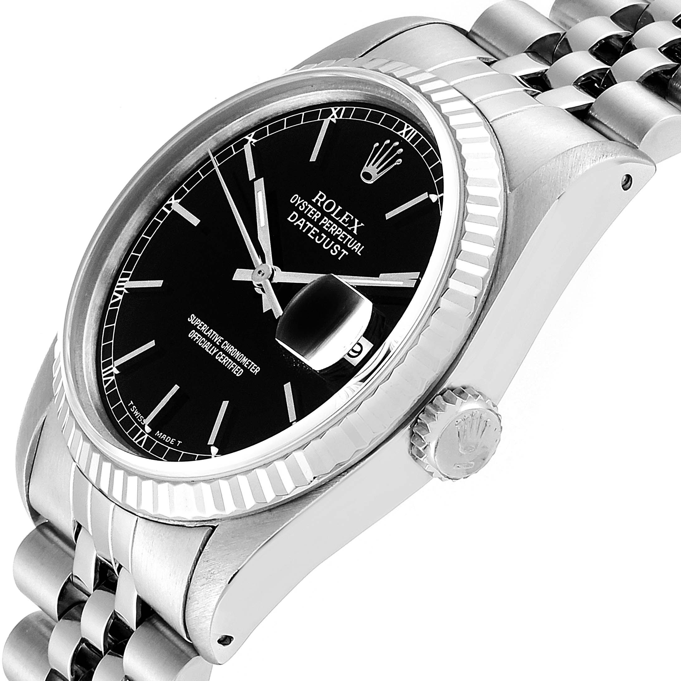 This image shows a side angle of the Rolex Datejust 16234 Men's Stainless Steel Black Dial 16234 Men's Stainless Steel Black Dial watch, highlighting the dial, bezel, crown, and part of the bracelet.