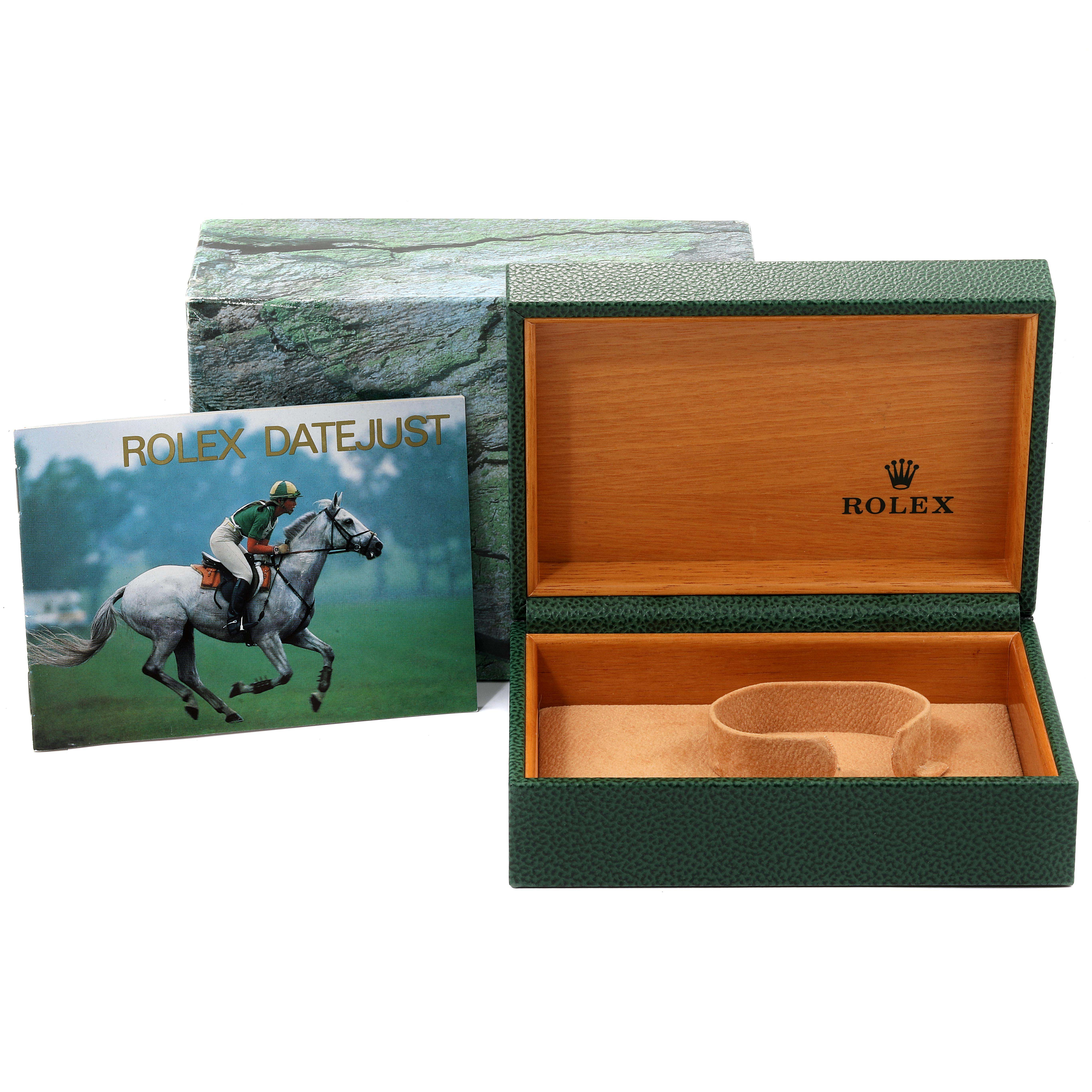 The image shows a Rolex Datejust 16234 Men's Stainless Steel Black Dial 16234 Men's Stainless Steel Black Dial box, an outer cover, and a booklet from a front angle.