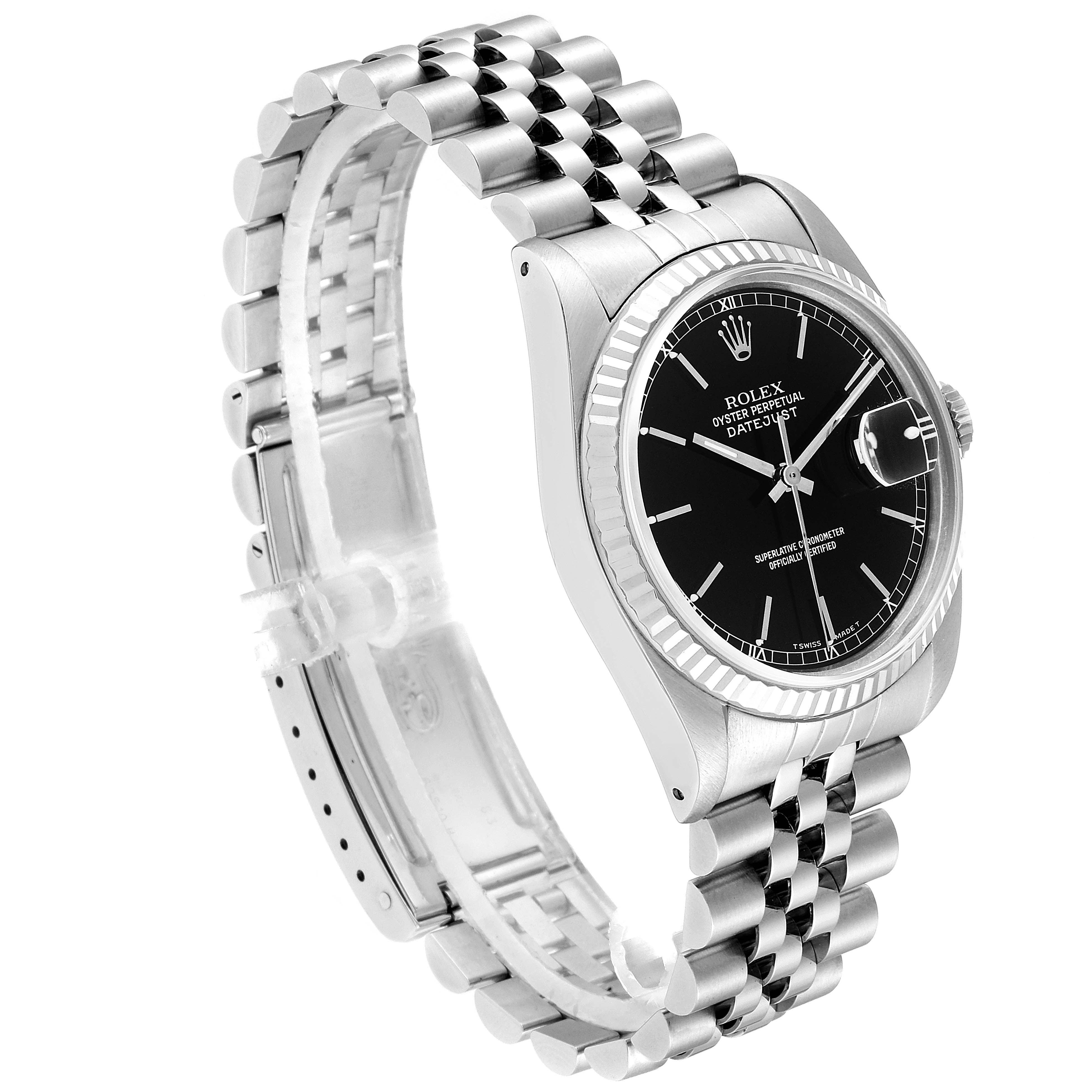 The Rolex Datejust 16234 Men's Stainless Steel Black Dial 16234 Men's Stainless Steel Black Dial watch is shown at a slight angle, displaying the face, bezel, and Jubilee bracelet clearly.