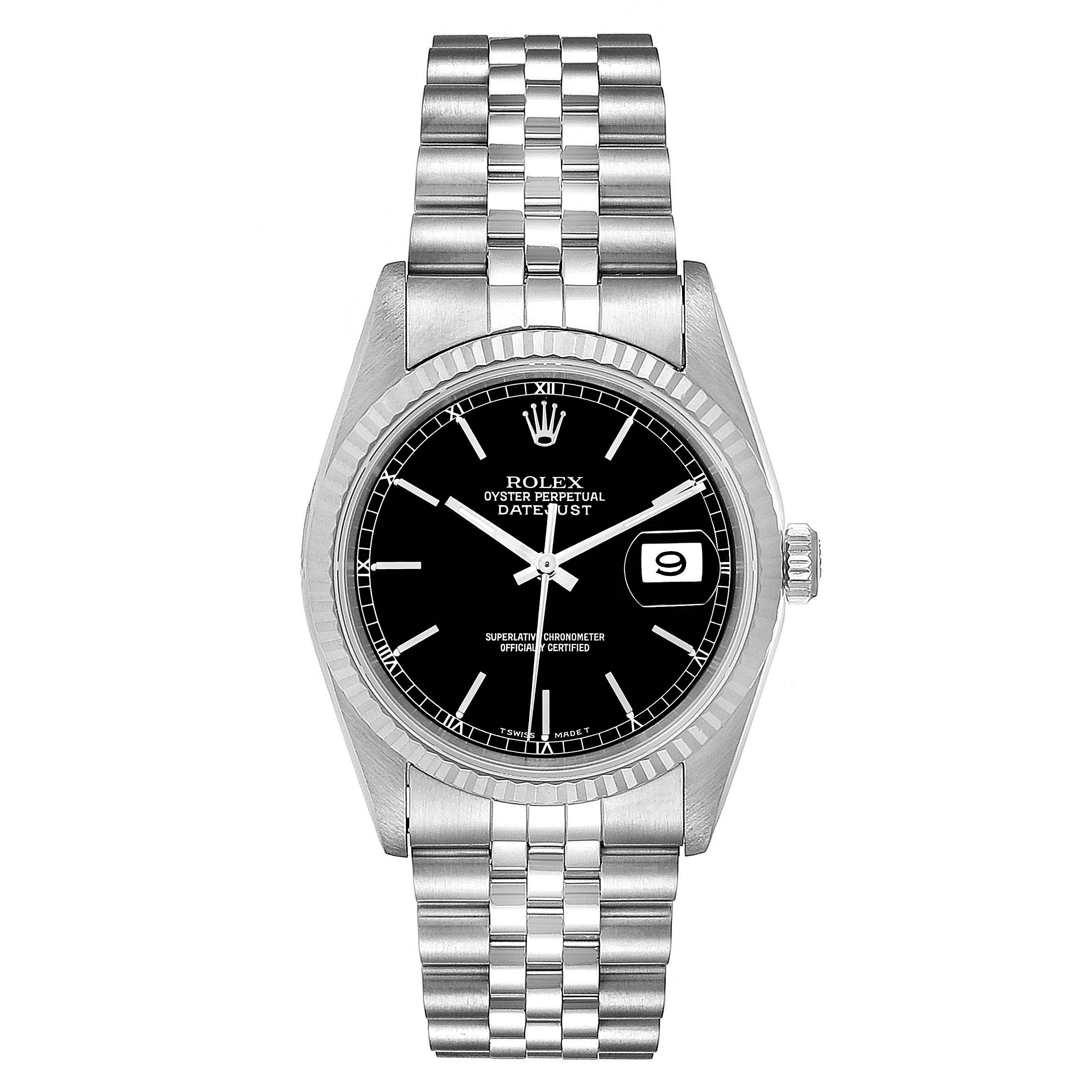 The image shows a Rolex Datejust 16234 Men's Stainless Steel Black Dial 16234 Men's Stainless Steel Black Dial watch with a Jubilee bracelet, viewed from the front.