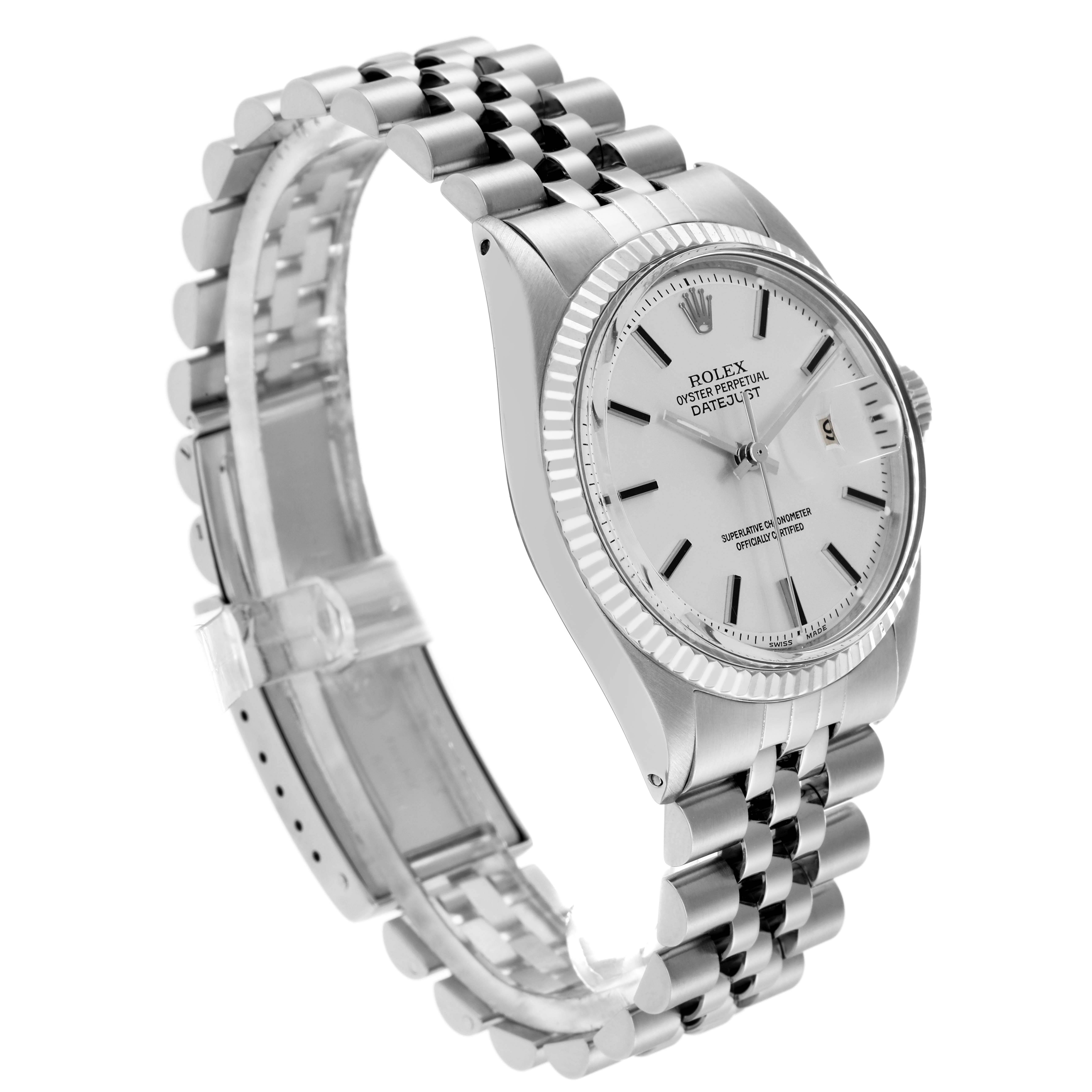 The Rolex Datejust 1601 Men
s Stainless Steel Silver Dial 1601 Men
s Stainless Steel Silver Dial watch is shown at a three-quarter view, displaying the bezel, dial, and part of the bracelet.