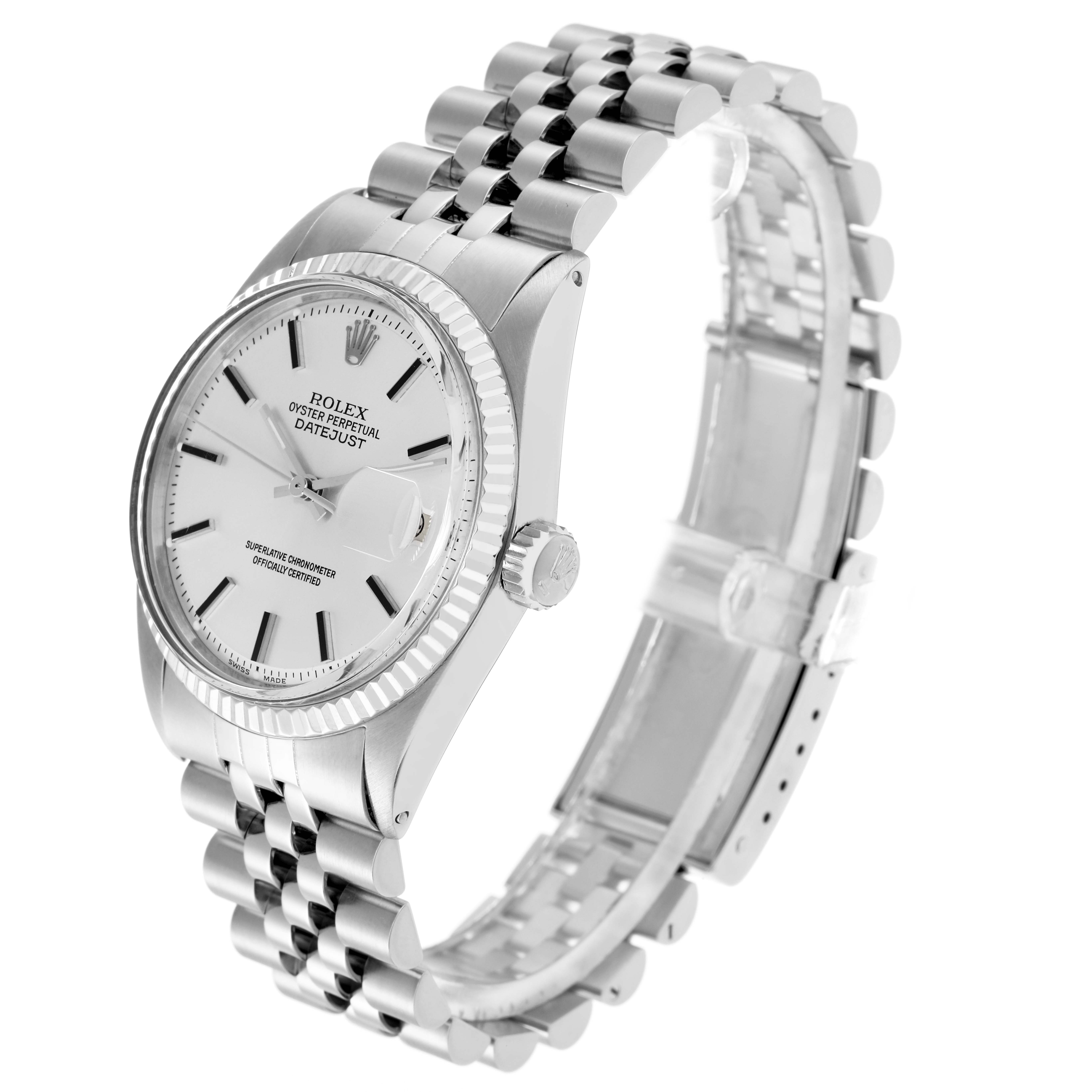 The Rolex Datejust 1601 Men
s Stainless Steel Silver Dial 1601 Men
s Stainless Steel Silver Dial is viewed from a side angle, showcasing the watch face, bezel, crown, and half of the bracelet.