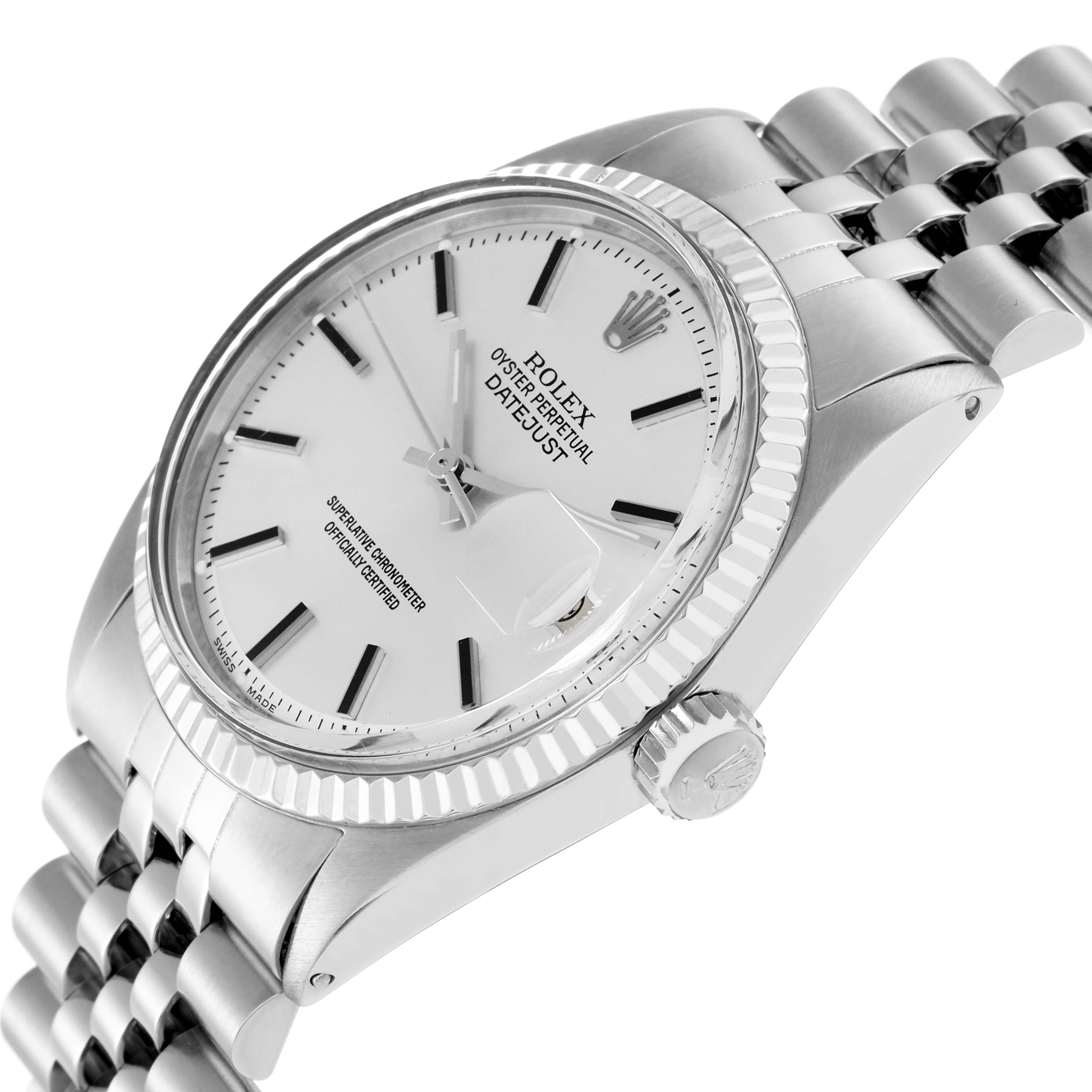 The Rolex Datejust 1601 Men
s Stainless Steel Silver Dial 1601 Men
s Stainless Steel Silver Dial watch is shown at a three-quarter angle, displaying the face, bezel, crown, and part of the bracelet.
