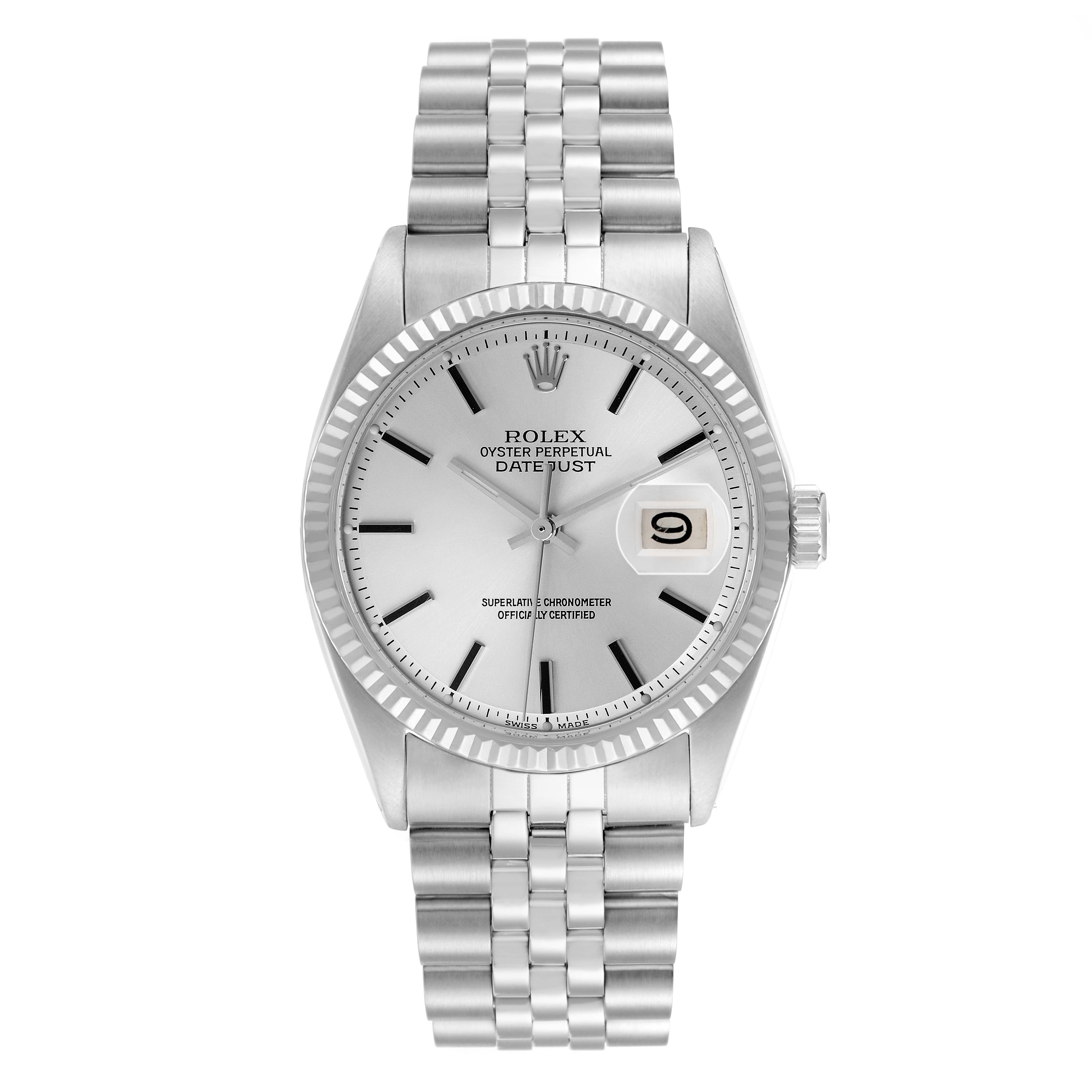 The Rolex Datejust 1601 Men
s Stainless Steel Silver Dial 1601 Men
s Stainless Steel Silver Dial watch is shown from a front angle, highlighting the dial, bezel, bracelet, and date window.