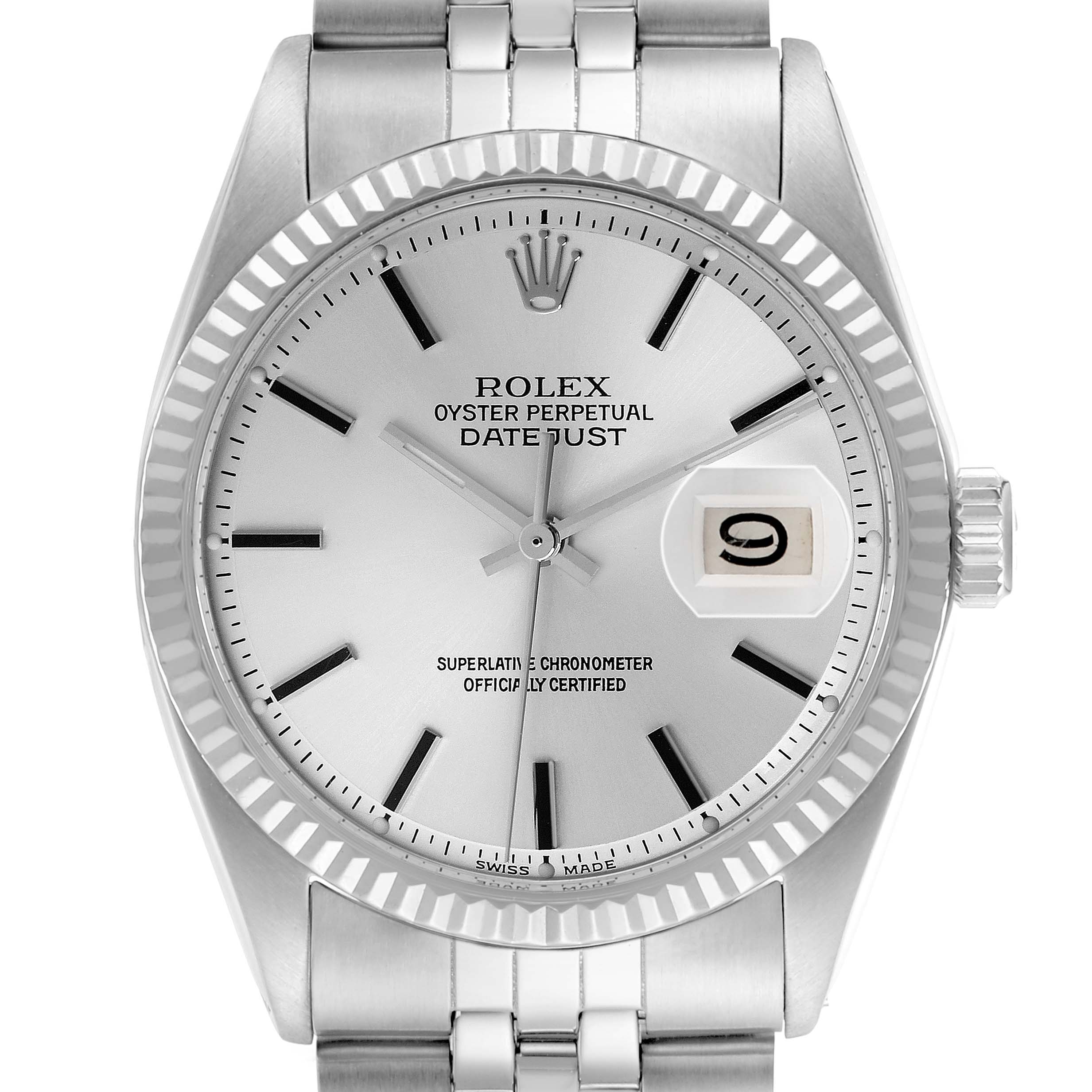 The Rolex Datejust 1601 Men
s Stainless Steel Silver Dial 1601 Men
s Stainless Steel Silver Dial watch is shown from a front angle, displaying the dial, bezel, crown, and part of the bracelet.