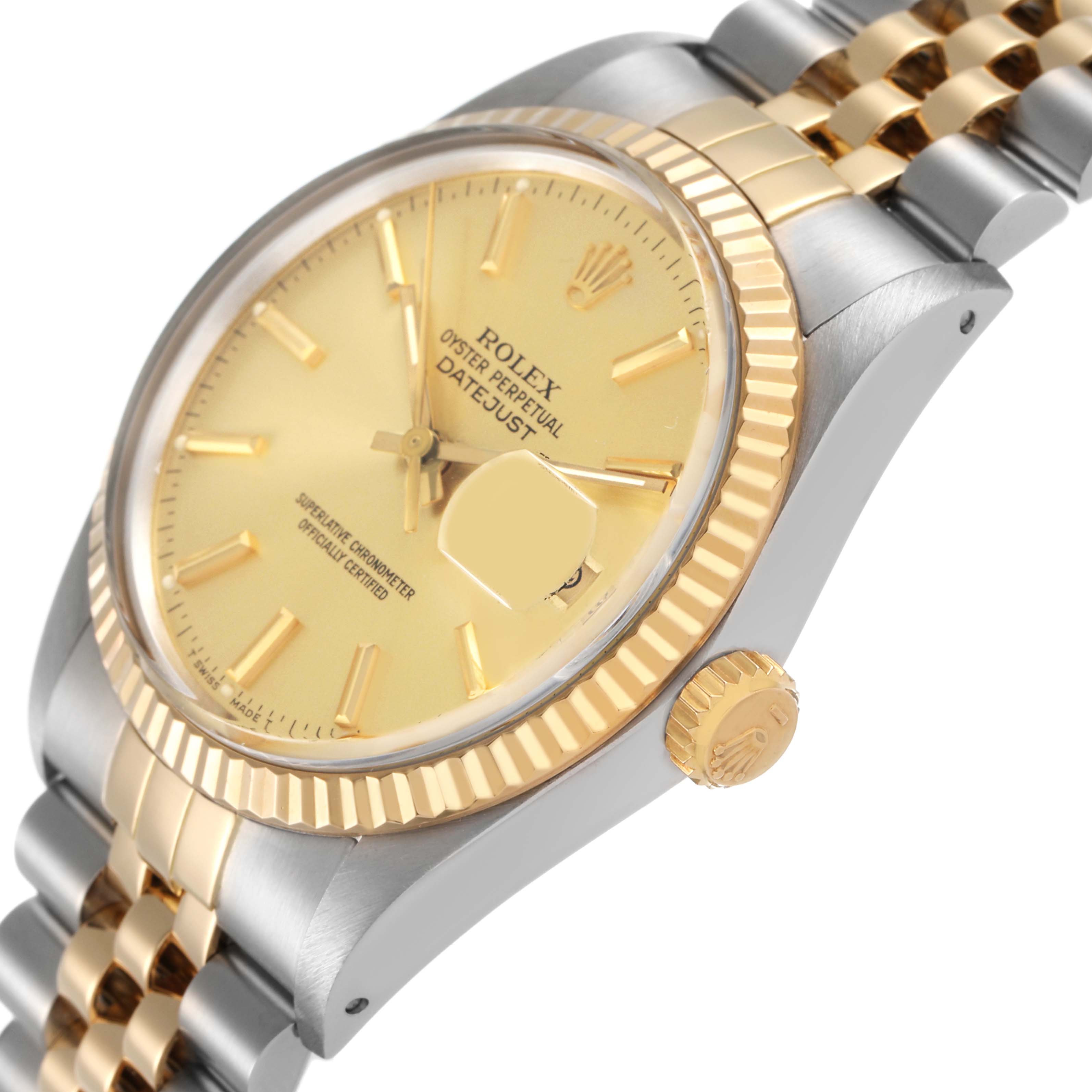 The Rolex Datejust 16013 Men's Steel and Gold (two tone) Champagne Dial is shown at a side angle, highlighting the bezel, crown, and part of the bracelet.