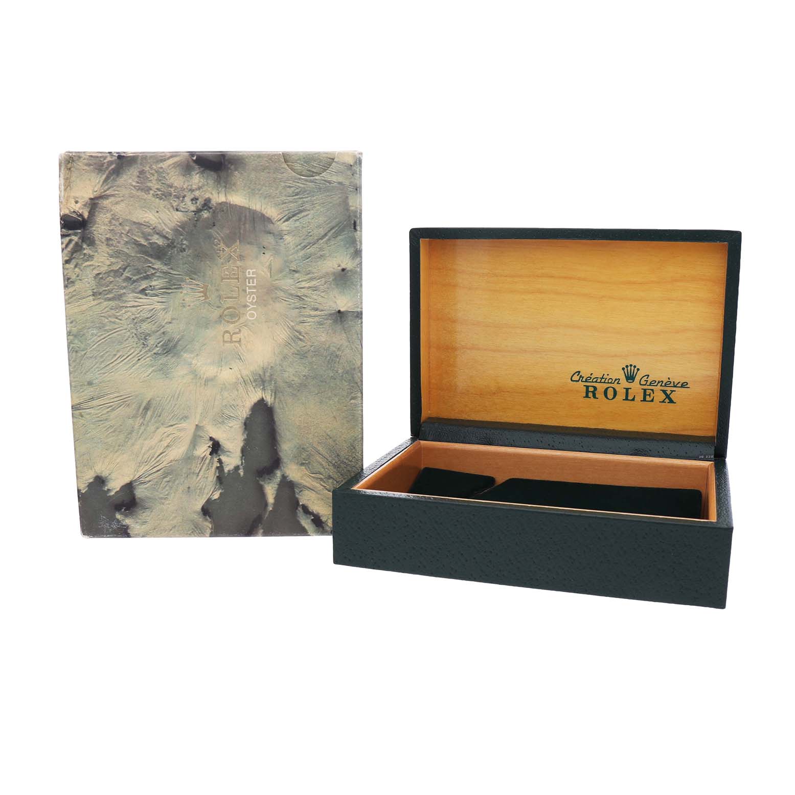The image shows a Rolex Datejust 16013 Men's Steel and Gold (two tone) Champagne Dial watch box with its outer cover and inner velvet lining, viewed from an angle displaying both open.
