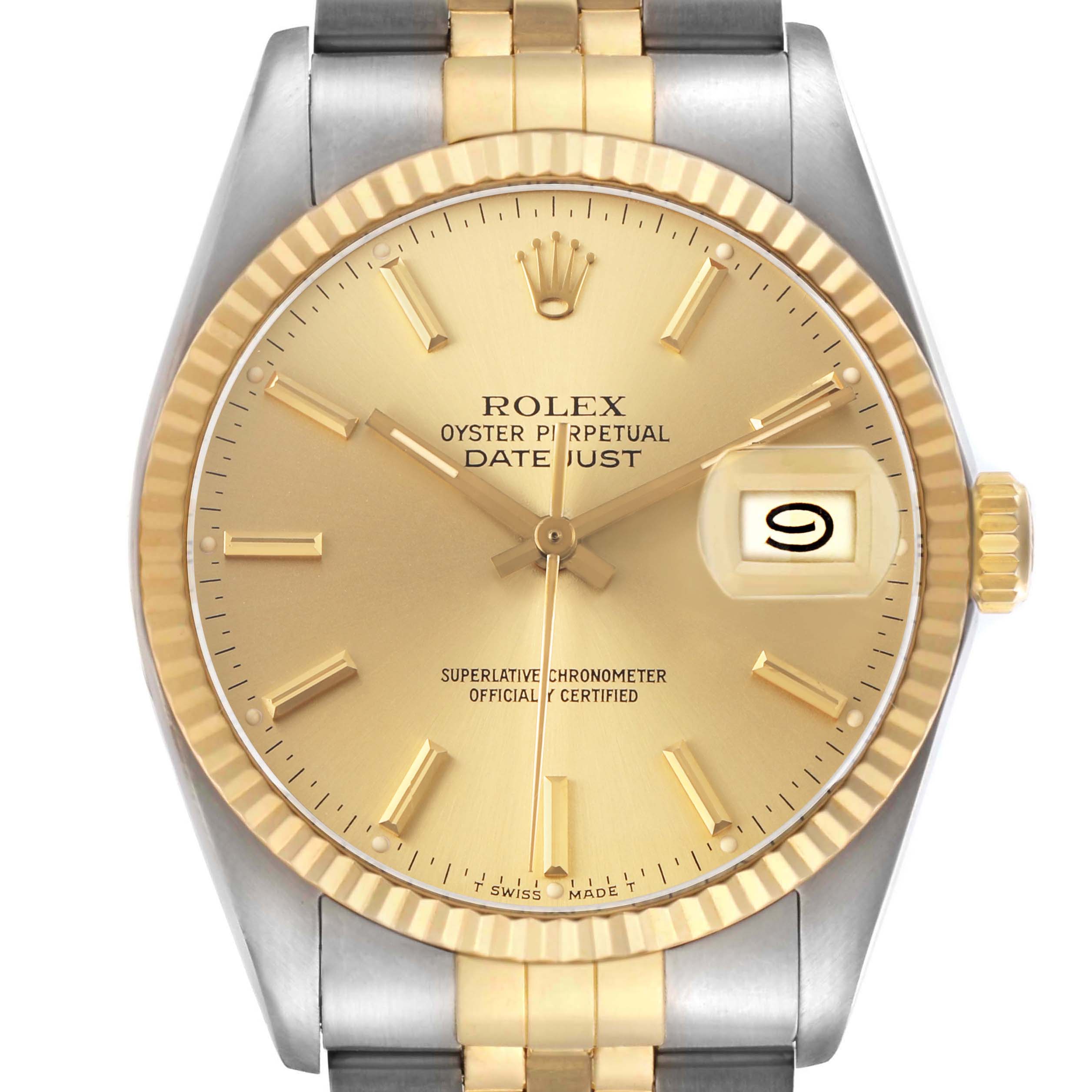 The Rolex Datejust 16013 Men's Steel and Gold (two tone) Champagne Dial watch is shown from a front angle, highlighting its face, bezel, crown, and part of the bracelet.