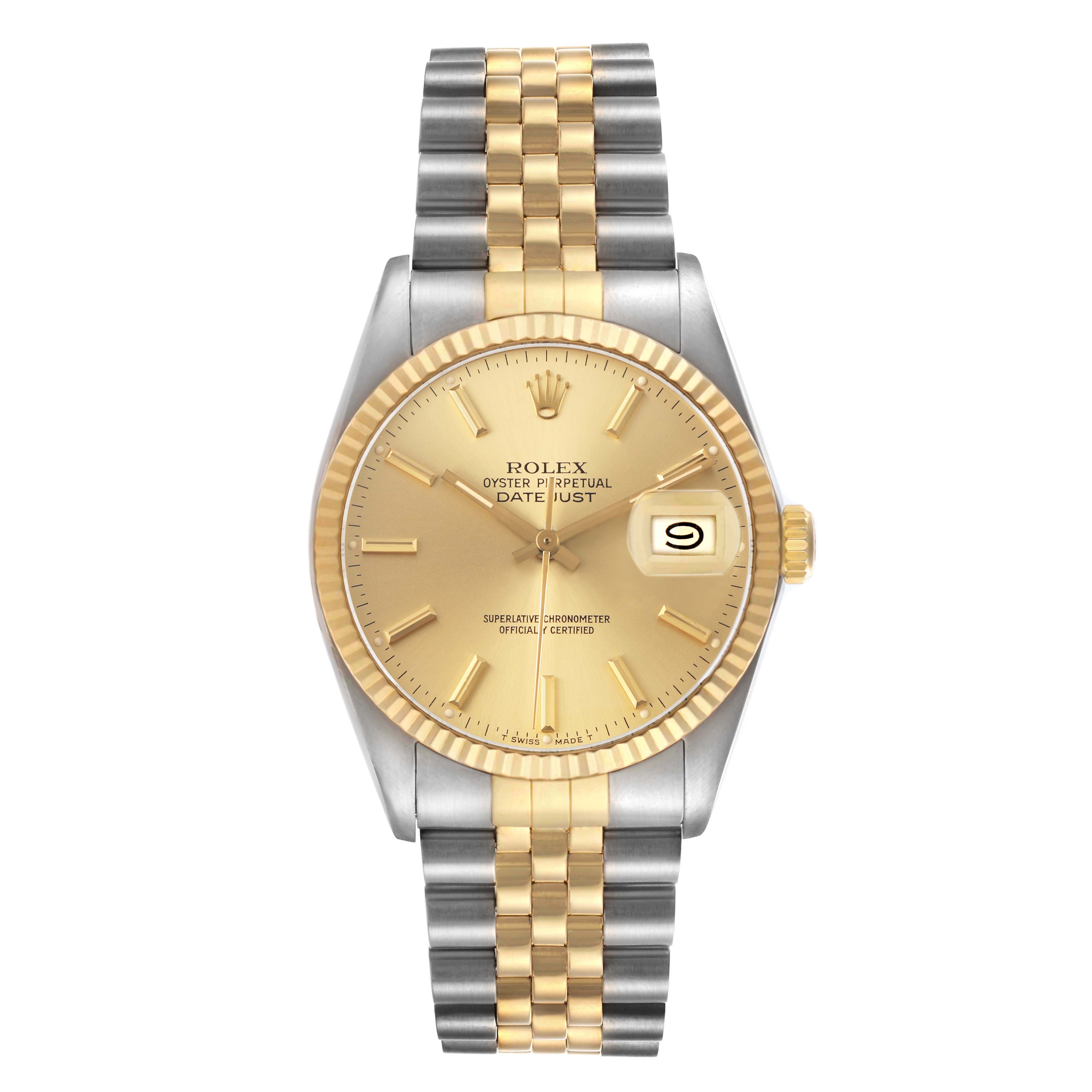 The Rolex Datejust 16013 Men's Steel and Gold (two tone) Champagne Dial watch is shown from a top view, featuring its dial, bezel, and two-tone bracelet.