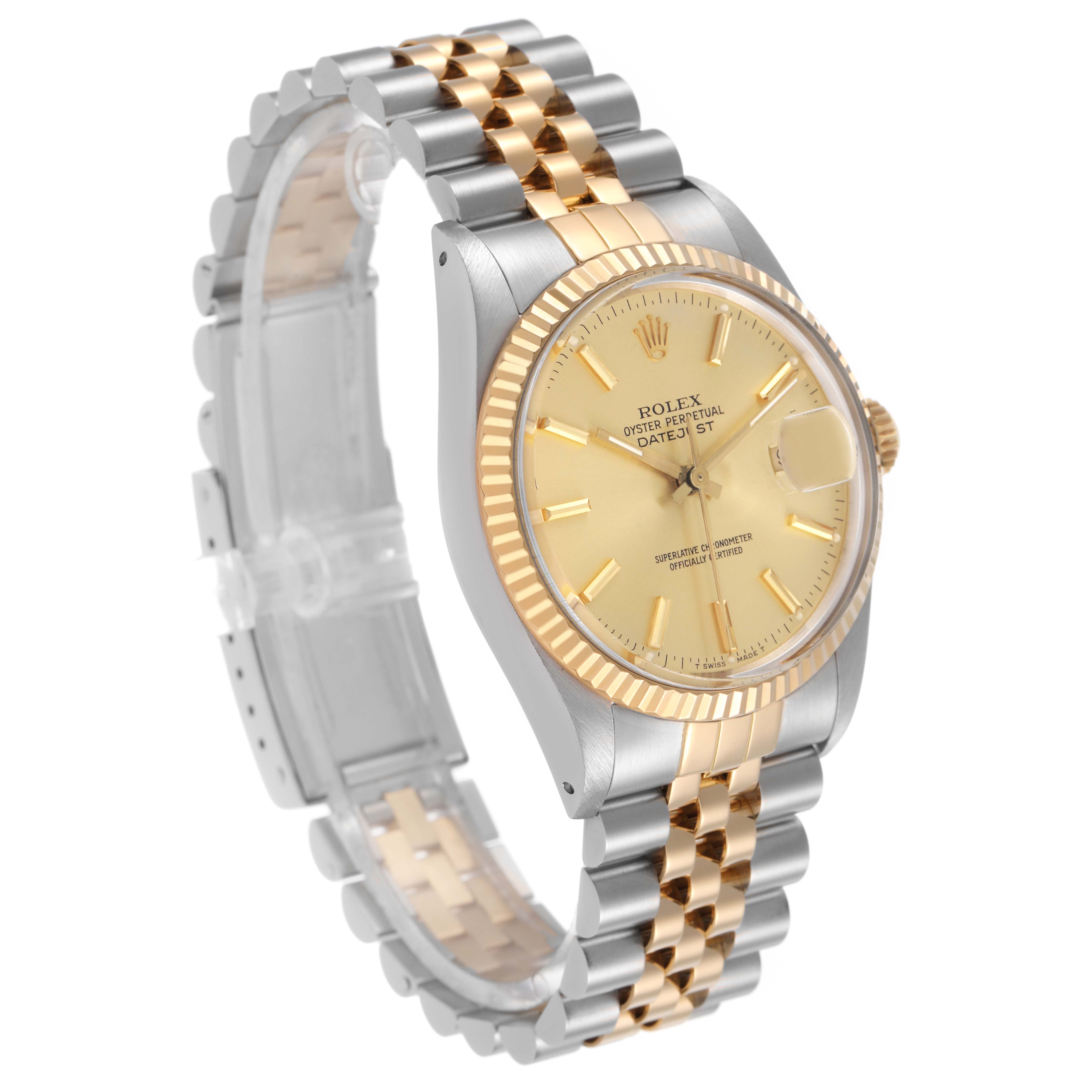 The image shows a Rolex Datejust 16013 Men's Steel and Gold (two tone) Champagne Dial watch at a three-quarter angle, highlighting its gold dial, fluted bezel, and two-tone bracelet.