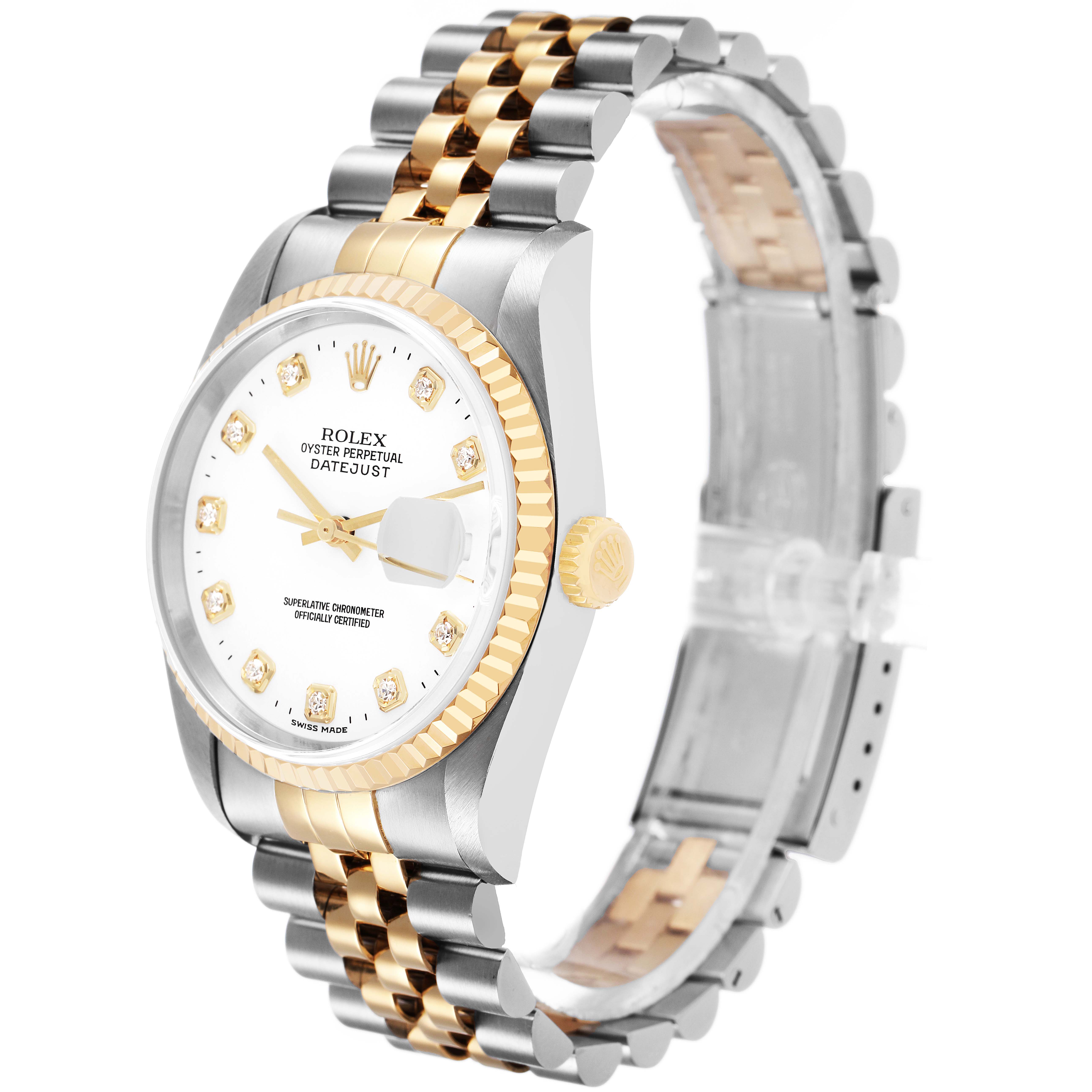 The Rolex Datejust 16233 Men's Steel and Gold (two tone) White Dial watch is shown at a three-quarter angle, highlighting its two-tone bracelet, crown, and diamond-accented dial.