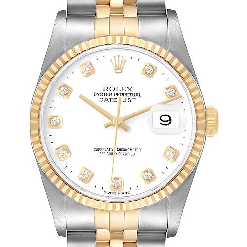 The Rolex Datejust 16233 Men's Steel and Gold (two tone) White Dial watch is shown from the front, highlighting its dial, bezel, and part of the bracelet.