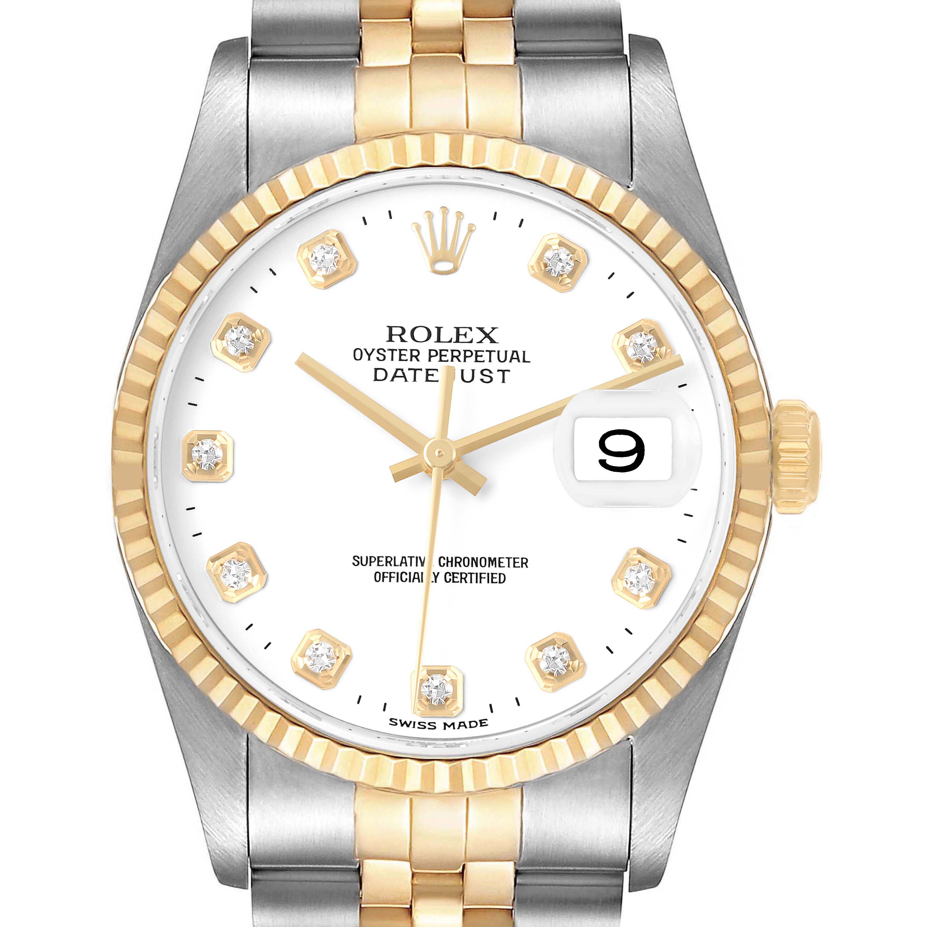 The Rolex Datejust 16233 Men's Steel and Gold (two tone) White Dial watch is shown from a front angle, highlighting the dial, bezel, and bracelet.