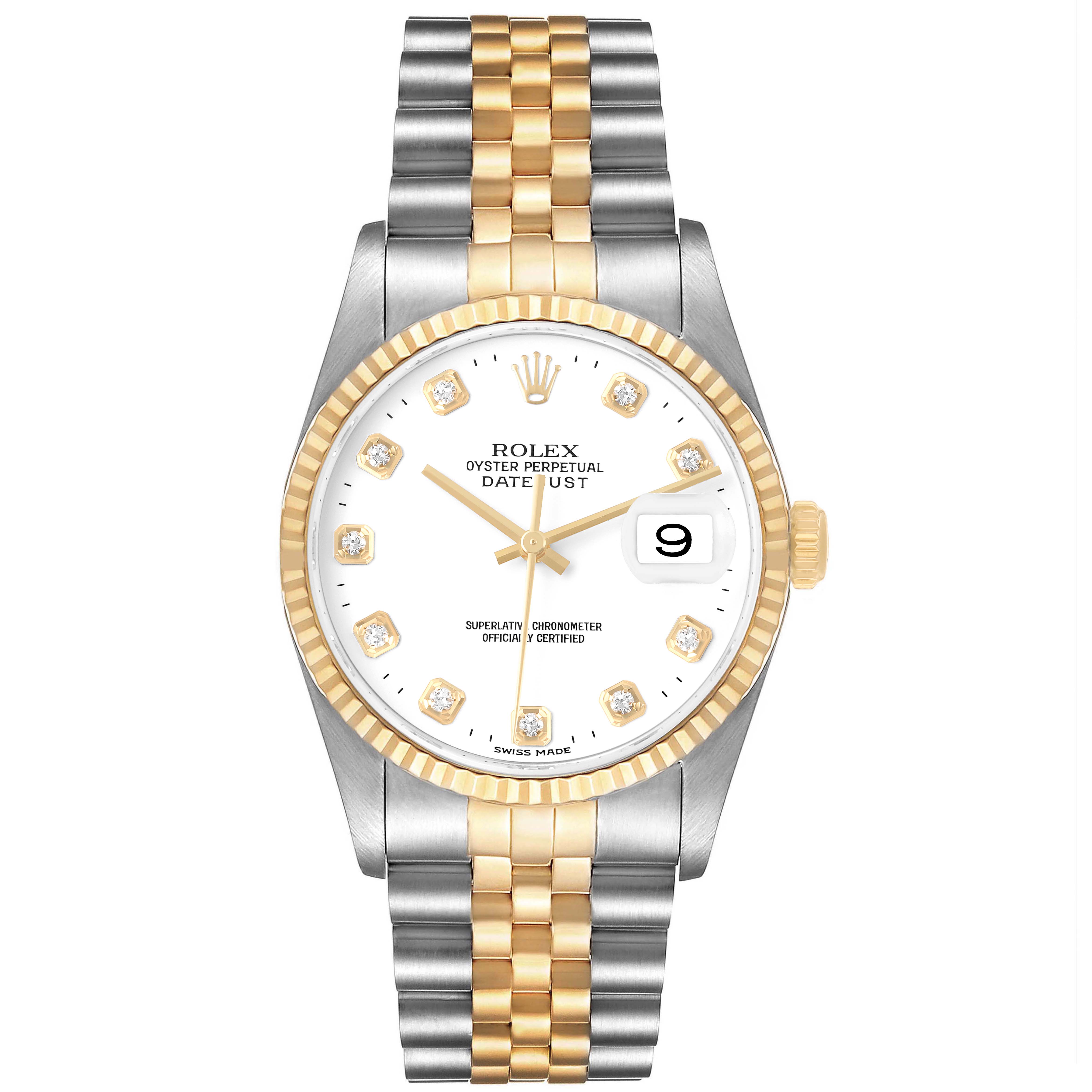 The Rolex Datejust 16233 Men's Steel and Gold (two tone) White Dial watch is shown from a front view, highlighting the bezel, dial, bracelet, and date window.