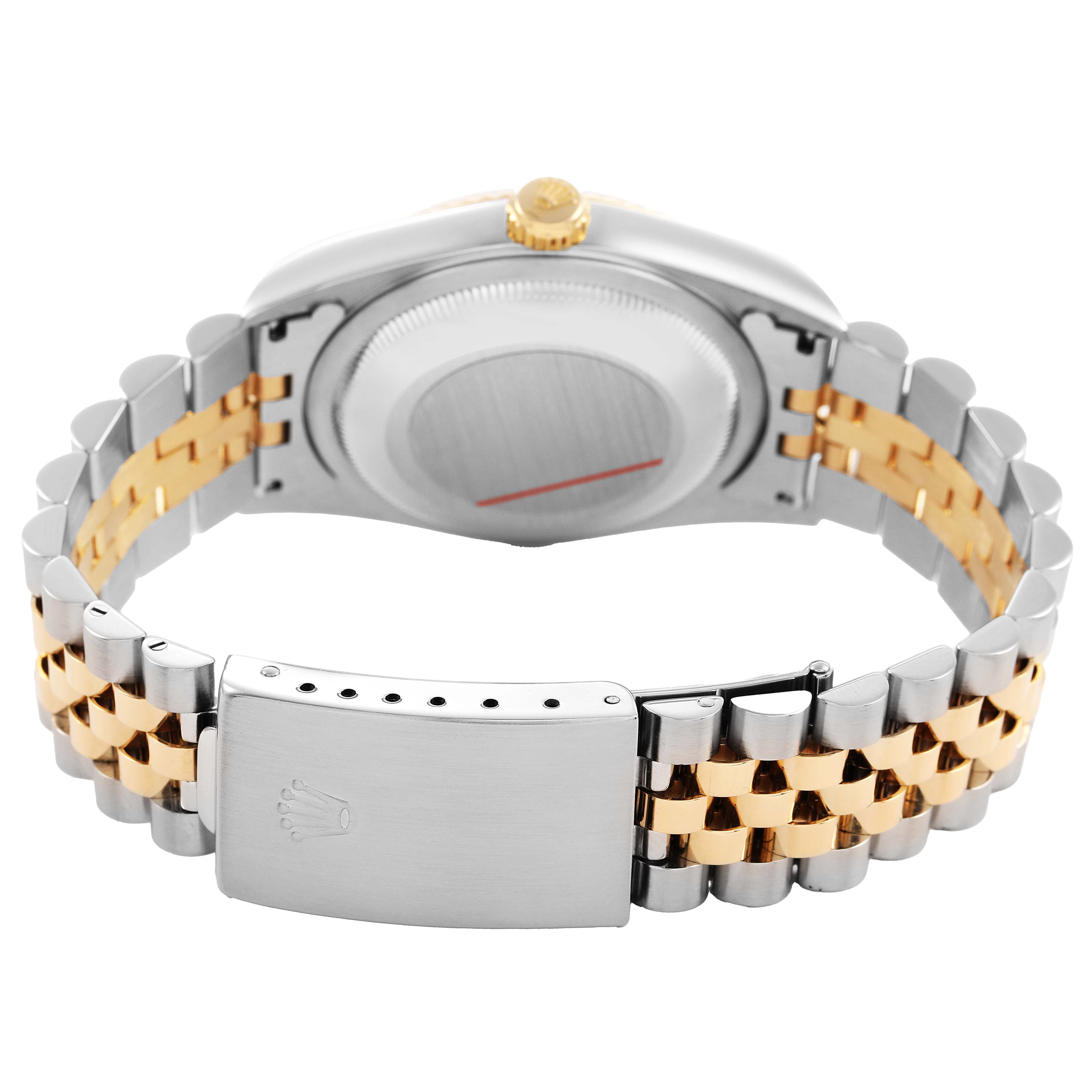 The image shows the back of a Rolex Datejust 16233 Men's Steel and Gold (two tone) White Dial with a focus on the two-tone bracelet, clasp, and case back.