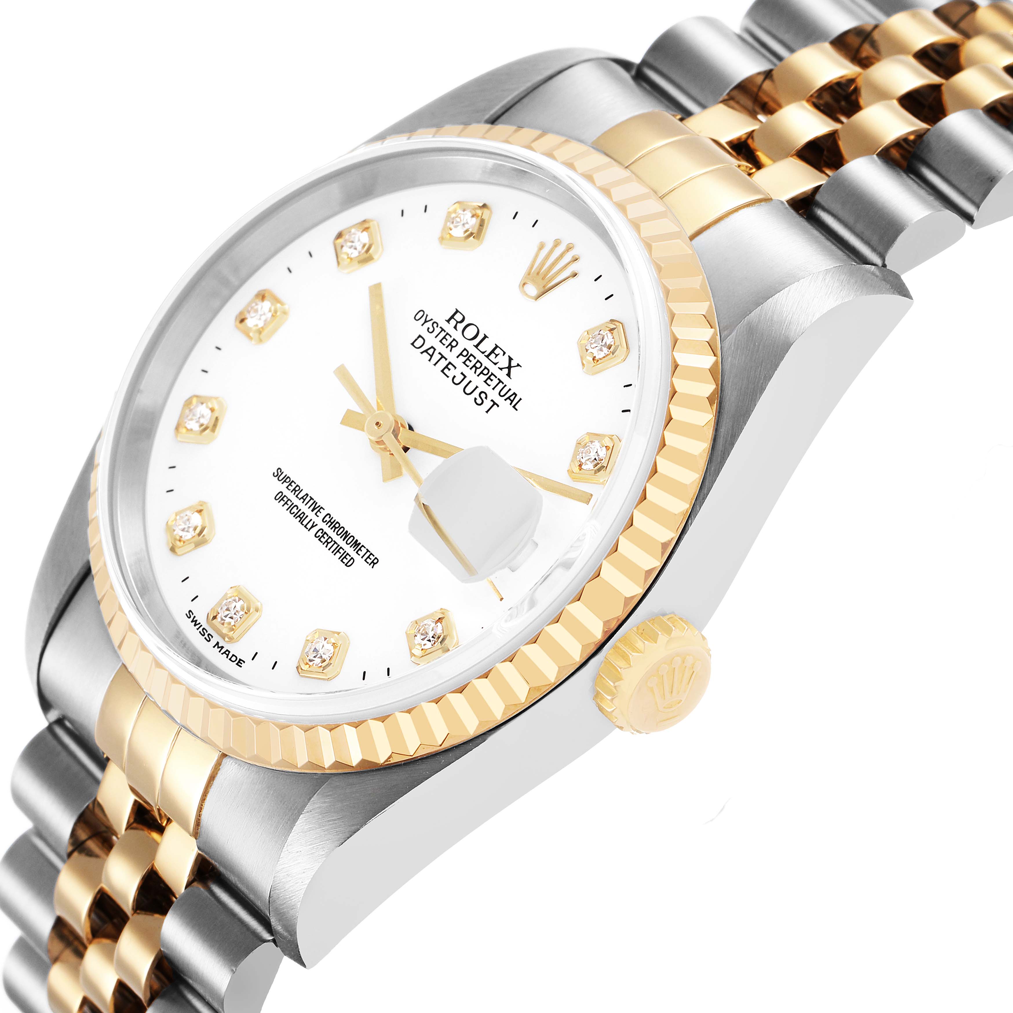 This Rolex Datejust 16233 Men's Steel and Gold (two tone) White Dial watch is shown at a tilted angle, displaying the face, bezel, crown, and part of the bracelet.