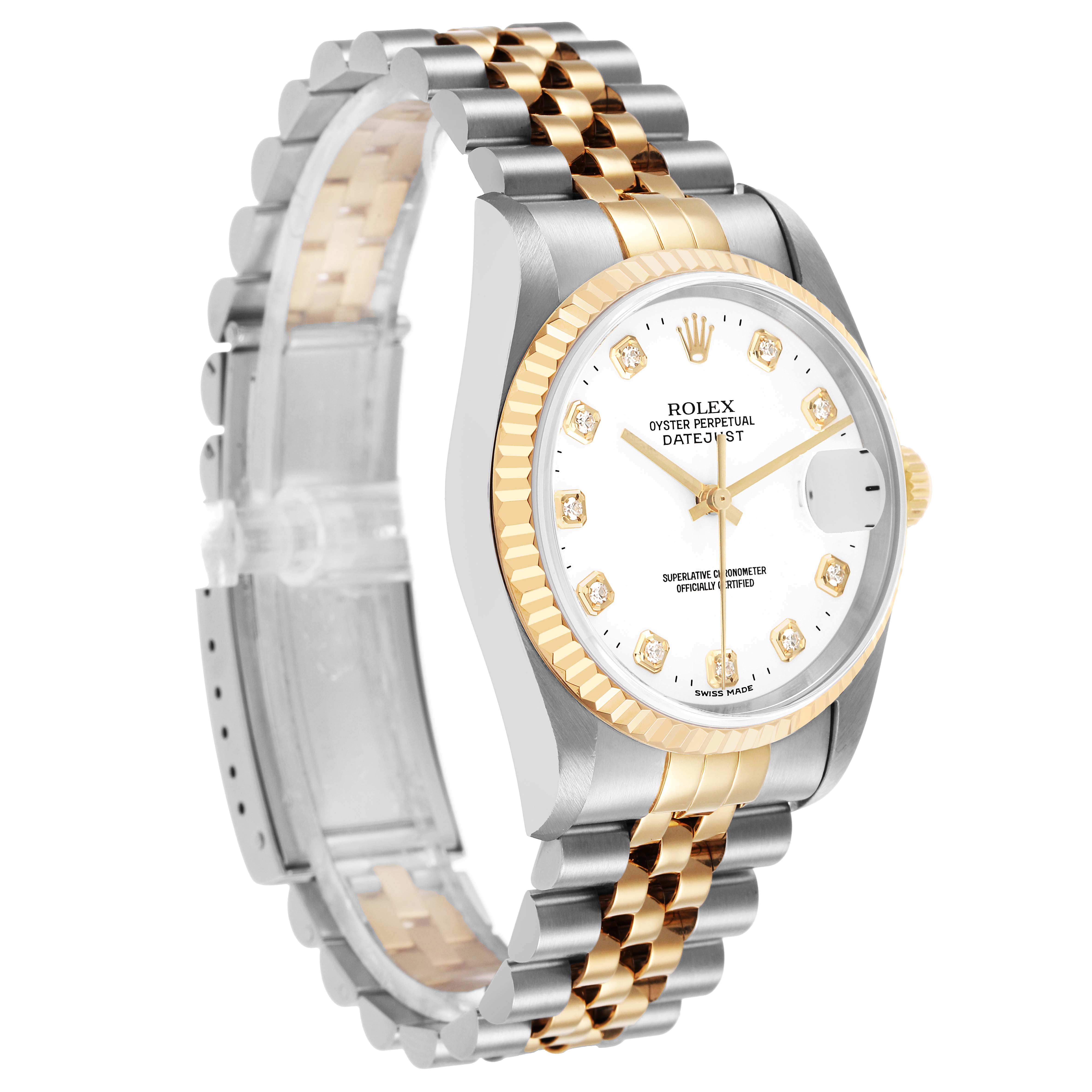 The Rolex Datejust 16233 Men's Steel and Gold (two tone) White Dial watch is shown from a side angle, highlighting its fluted bezel and two-tone jubilee bracelet.