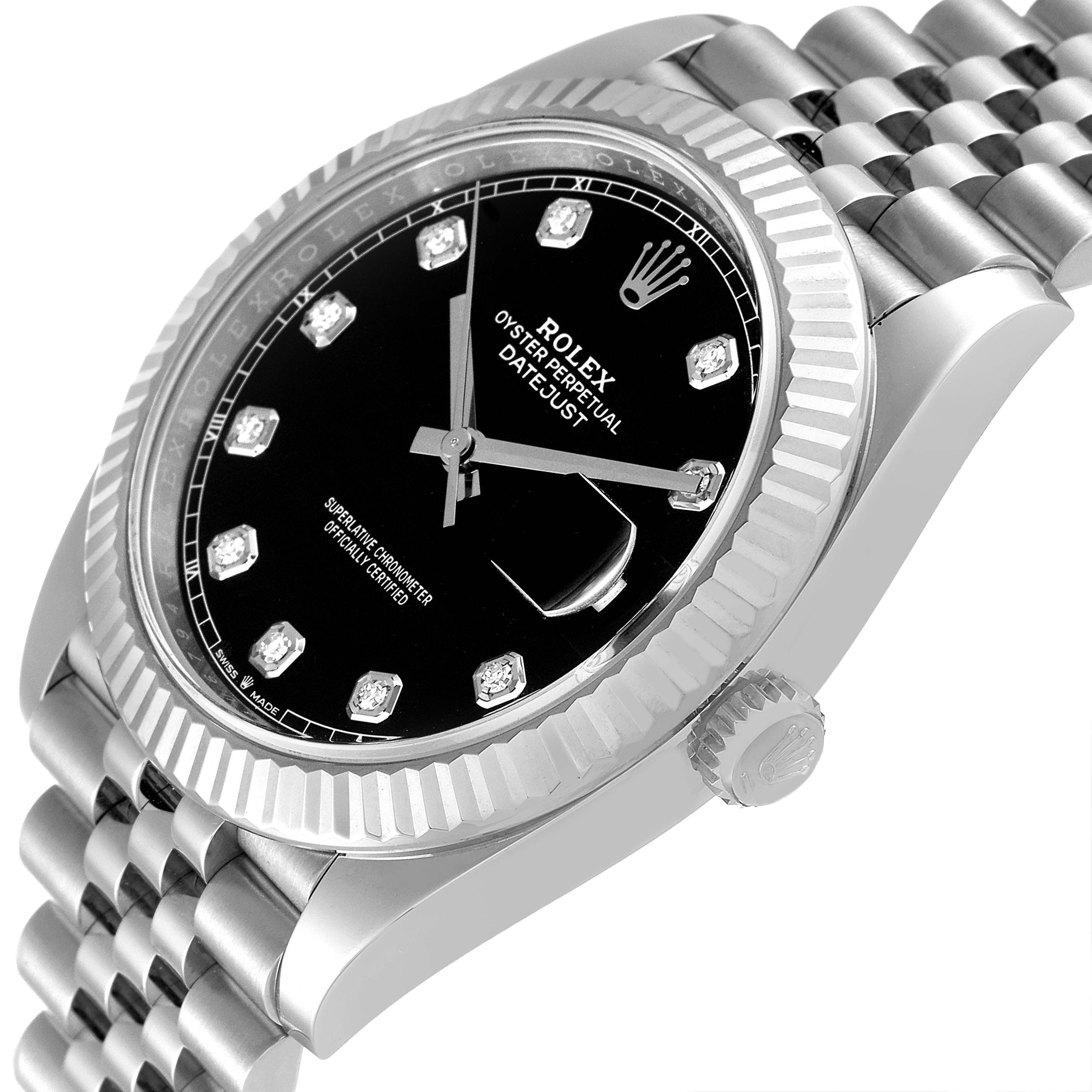 This image shows the Rolex Datejust 41 126334 Men
s Stainless Steel Black Dial 126334 Men
s Stainless Steel Black Dial from a side-angle view, focusing on the face, bezel, crown, and part of the bracelet.