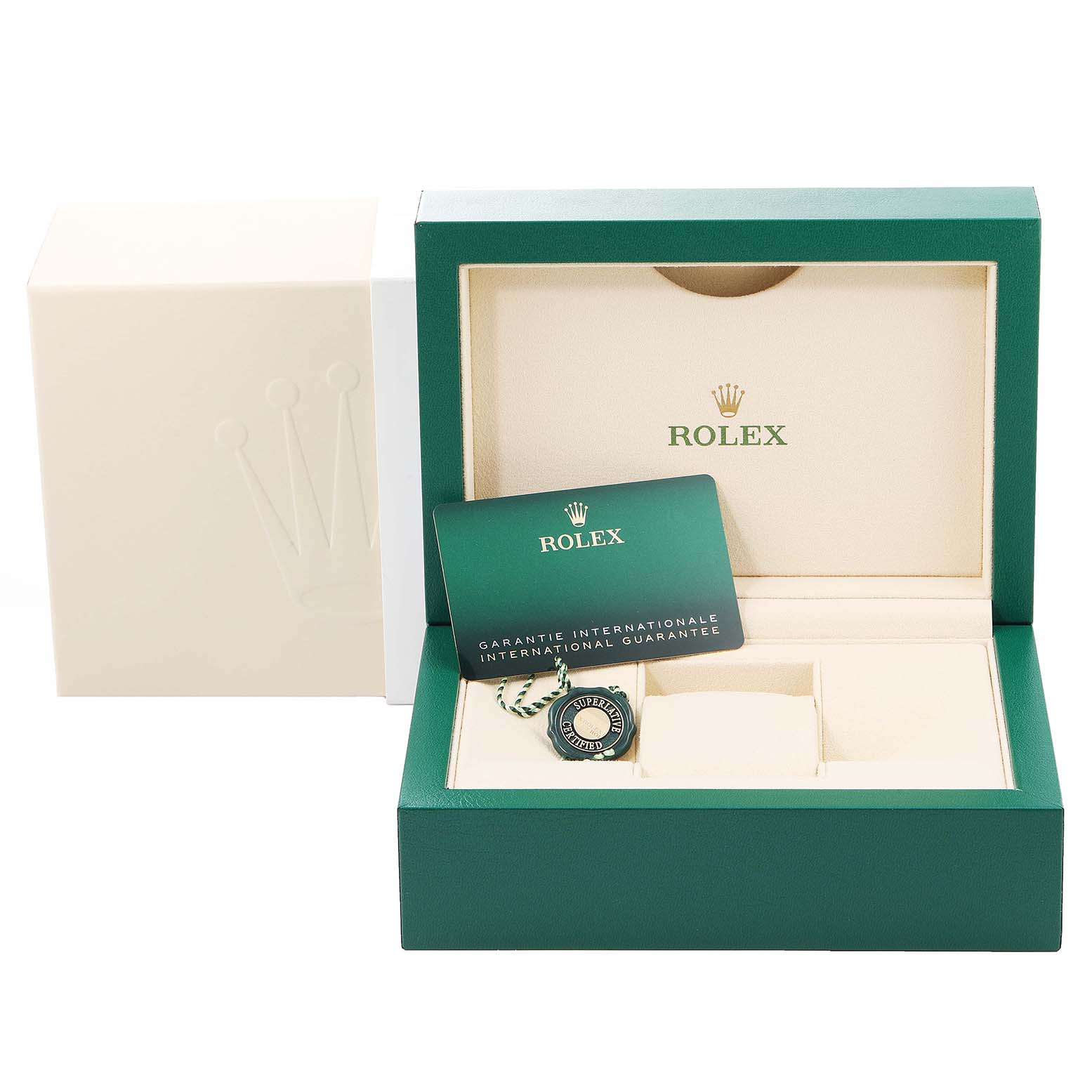 The image shows the packaging accessories of a Rolex Datejust 41 126334 Men
s Stainless Steel Black Dial 126334 Men
s Stainless Steel Black Dial, including the box, international guarantee card, and tag.