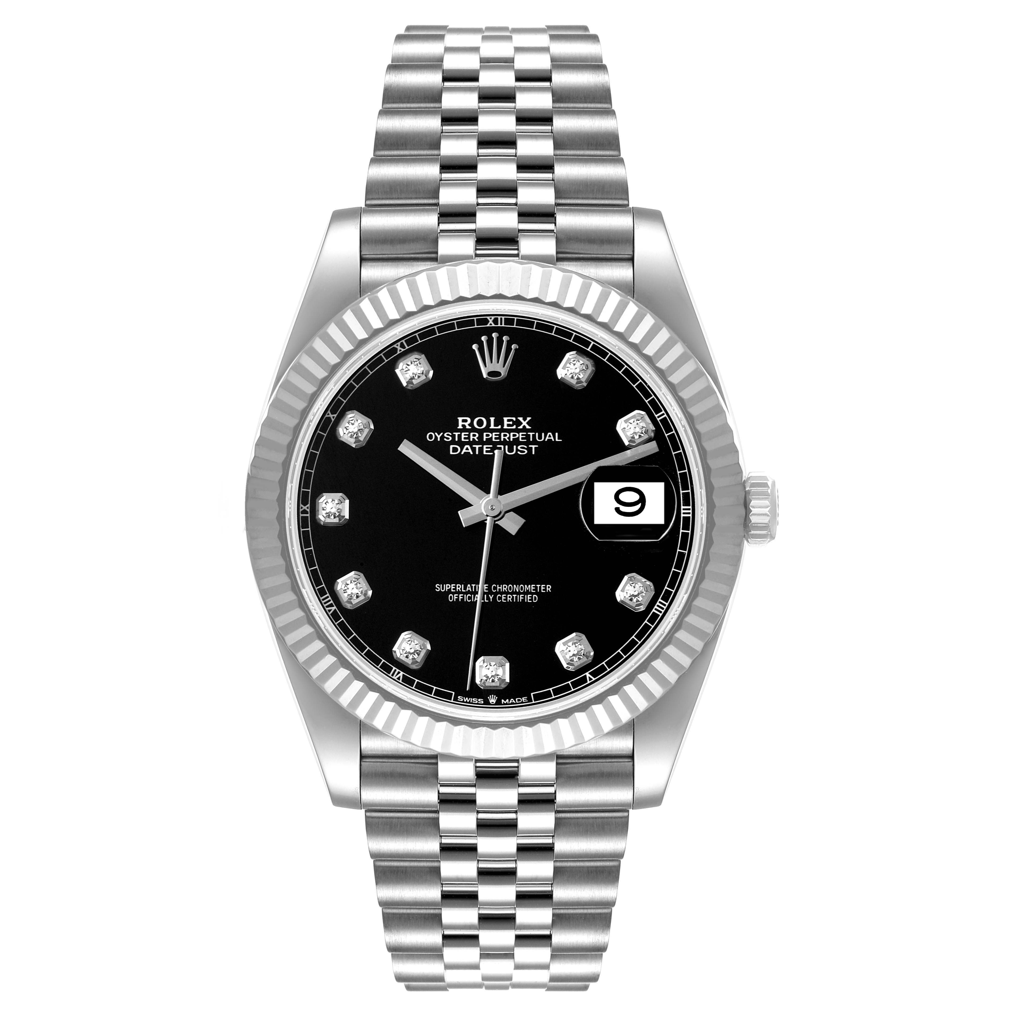 The image shows a front view of the Rolex Datejust 41 126334 Men
s Stainless Steel Black Dial 126334 Men
s Stainless Steel Black Dial watch, highlighting its black dial, fluted bezel, and Jubilee bracelet.