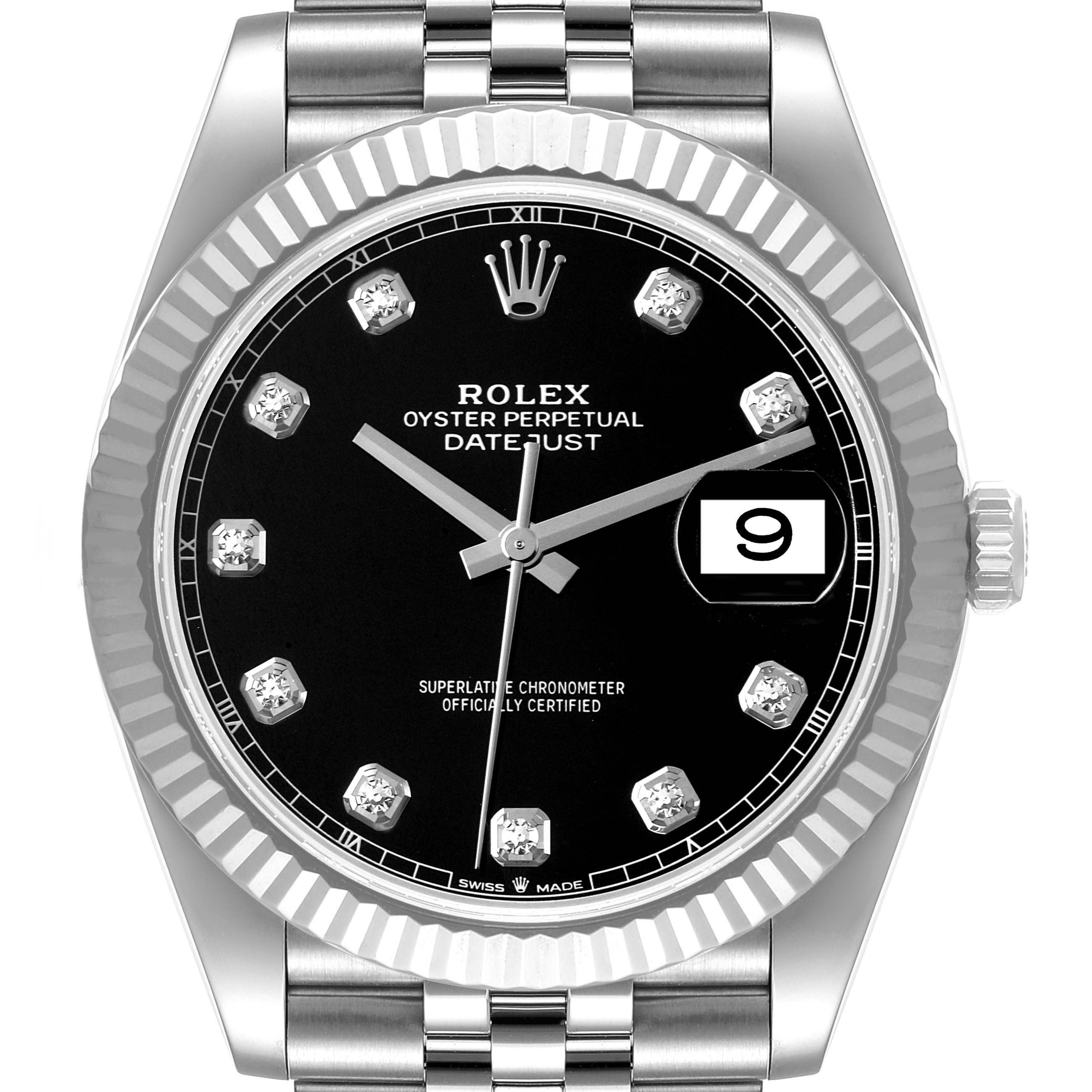 This image shows a frontal view of the Rolex Datejust 41 126334 Men
s Stainless Steel Black Dial 126334 Men
s Stainless Steel Black Dial, displaying the black dial, diamond hour markers, date window, and Jubilee bracelet.