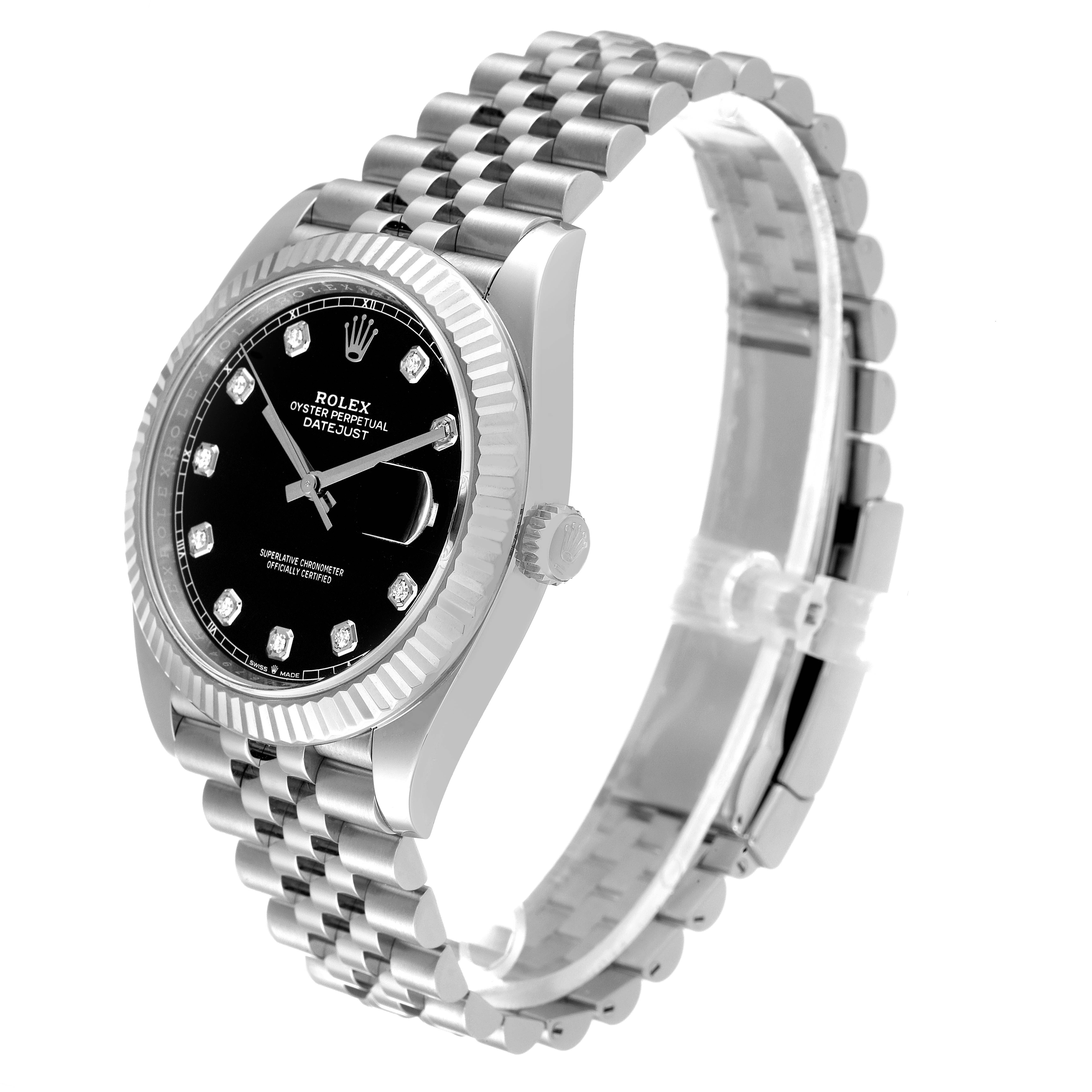 The image shows the Rolex Datejust 41 126334 Men
s Stainless Steel Black Dial 126334 Men
s Stainless Steel Black Dial watch at an angled side view, displaying the face, bezel, crown, and bracelet.