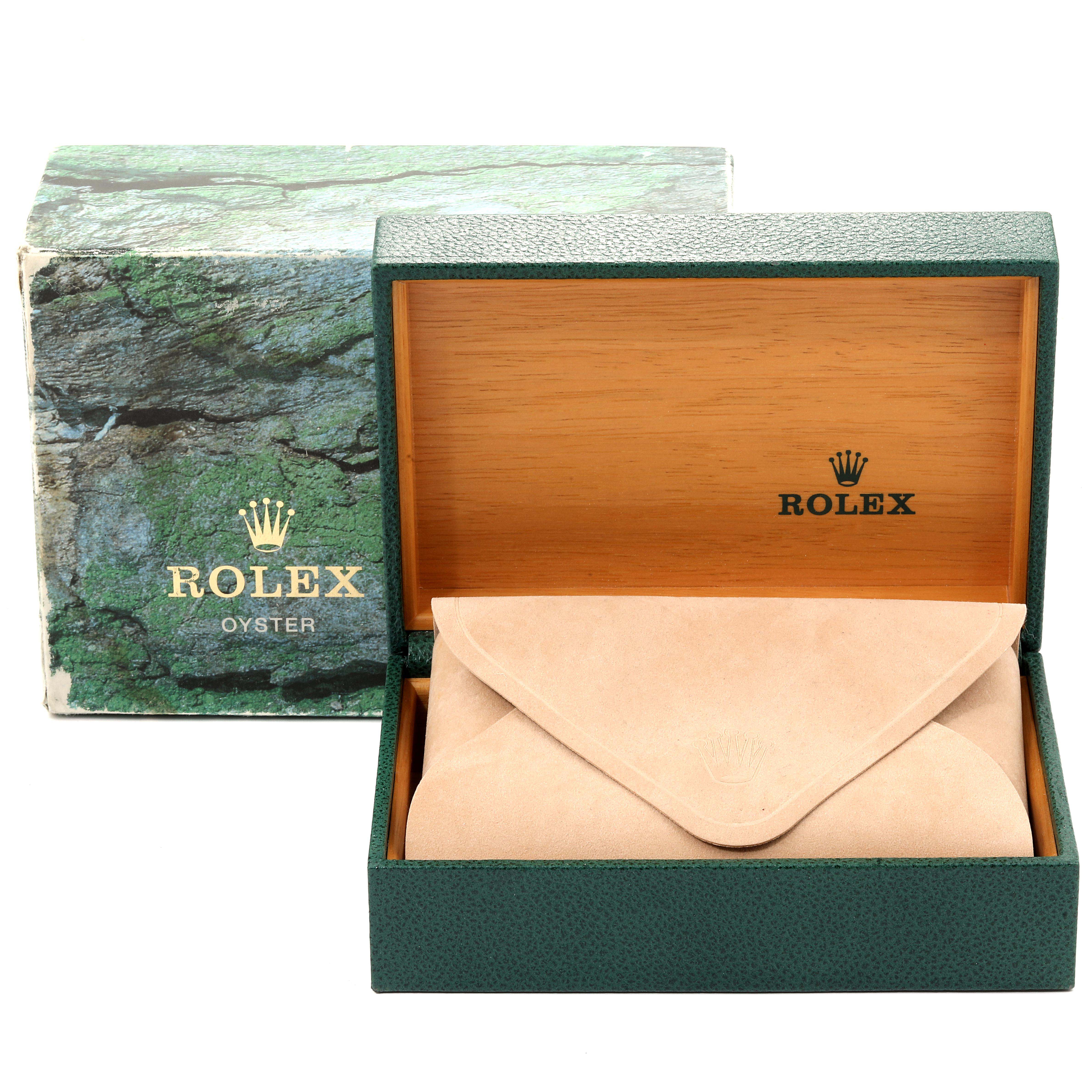 The image shows a Rolex Datejust 16200 Men's Stainless Steel Black Dial 16200 Men's Stainless Steel Black Dial box and suede pouch from a front angle, with the outer packaging visible.