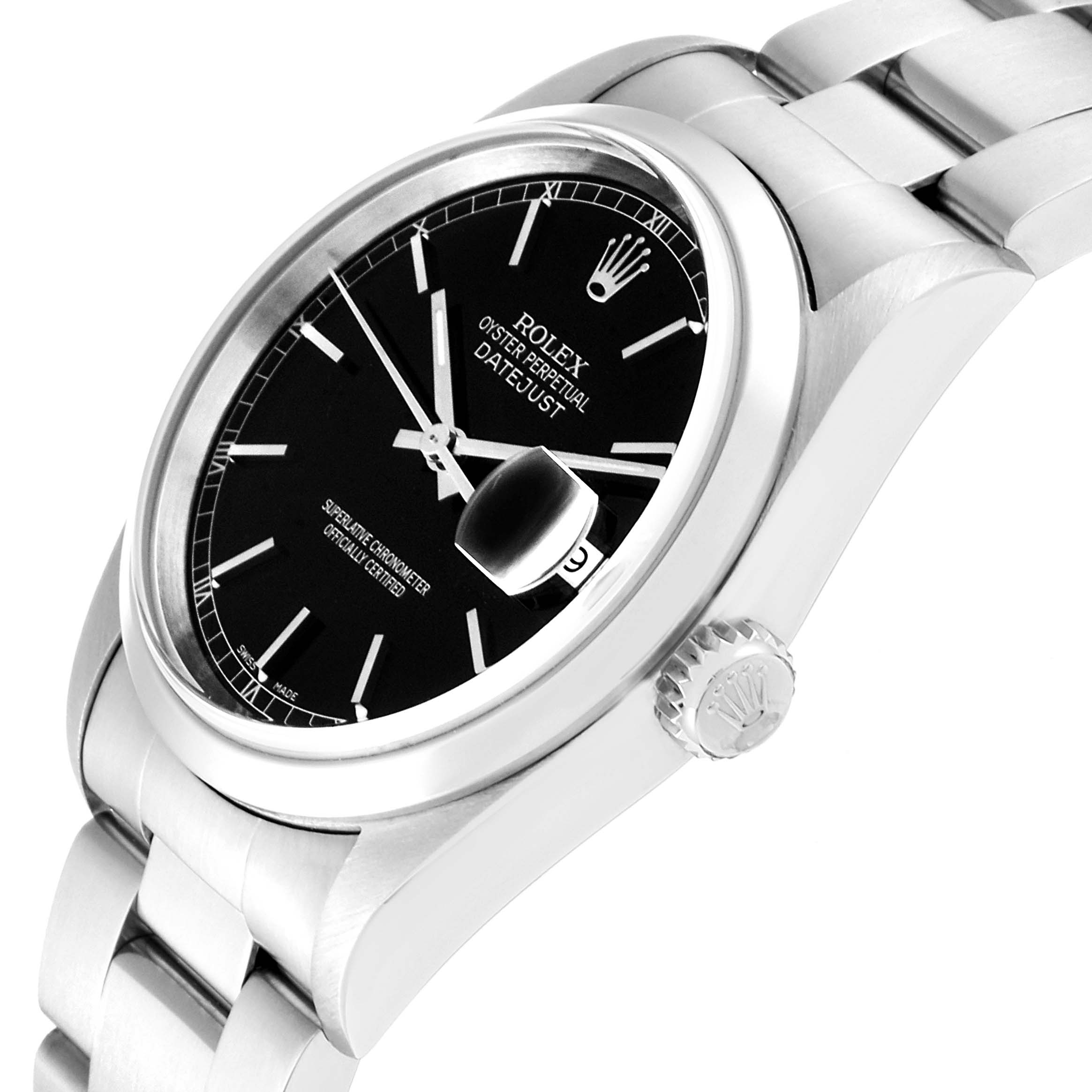 This image shows a side angle of a Rolex Datejust 16200 Men's Stainless Steel Black Dial 16200 Men's Stainless Steel Black Dial watch, showcasing its crown, bracelet, and black dial.