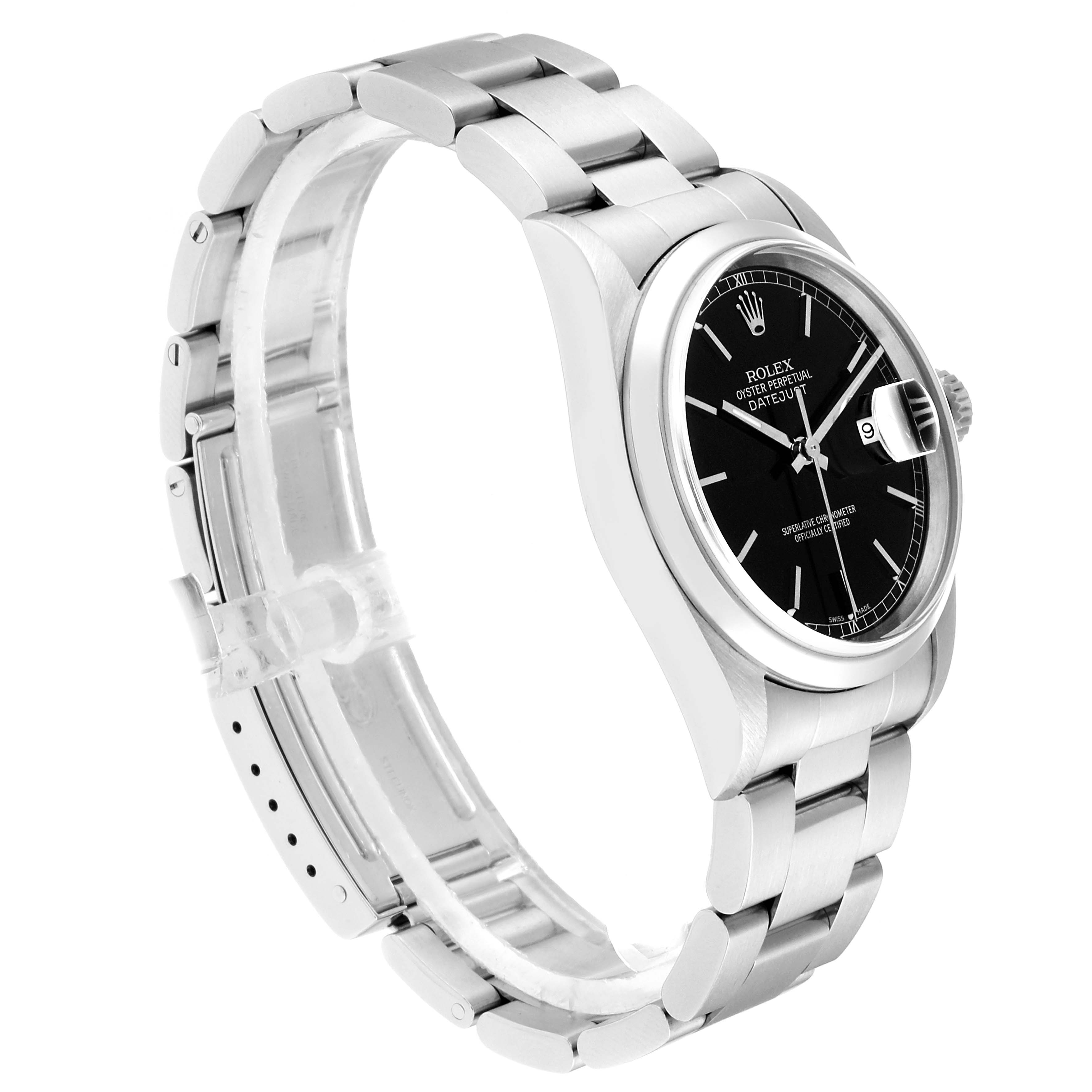 The Rolex Datejust 16200 Men's Stainless Steel Black Dial 16200 Men's Stainless Steel Black Dial watch is shown from a side angle, displaying the stainless steel bracelet and black dial with the date window.