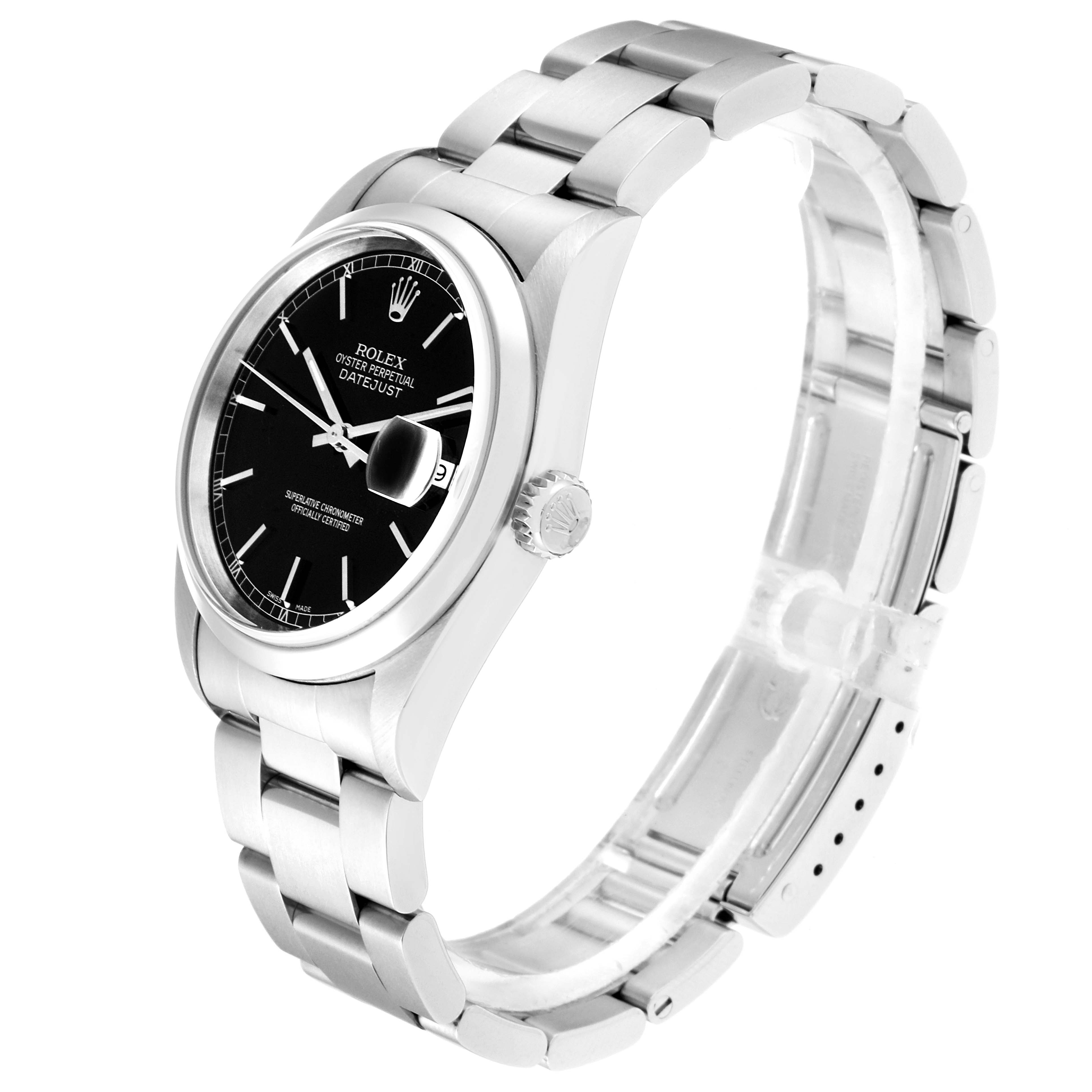 The Rolex Datejust 16200 Men's Stainless Steel Black Dial 16200 Men's Stainless Steel Black Dial watch is shown from a side-front angle, displaying the bracelet, dial, and crown.