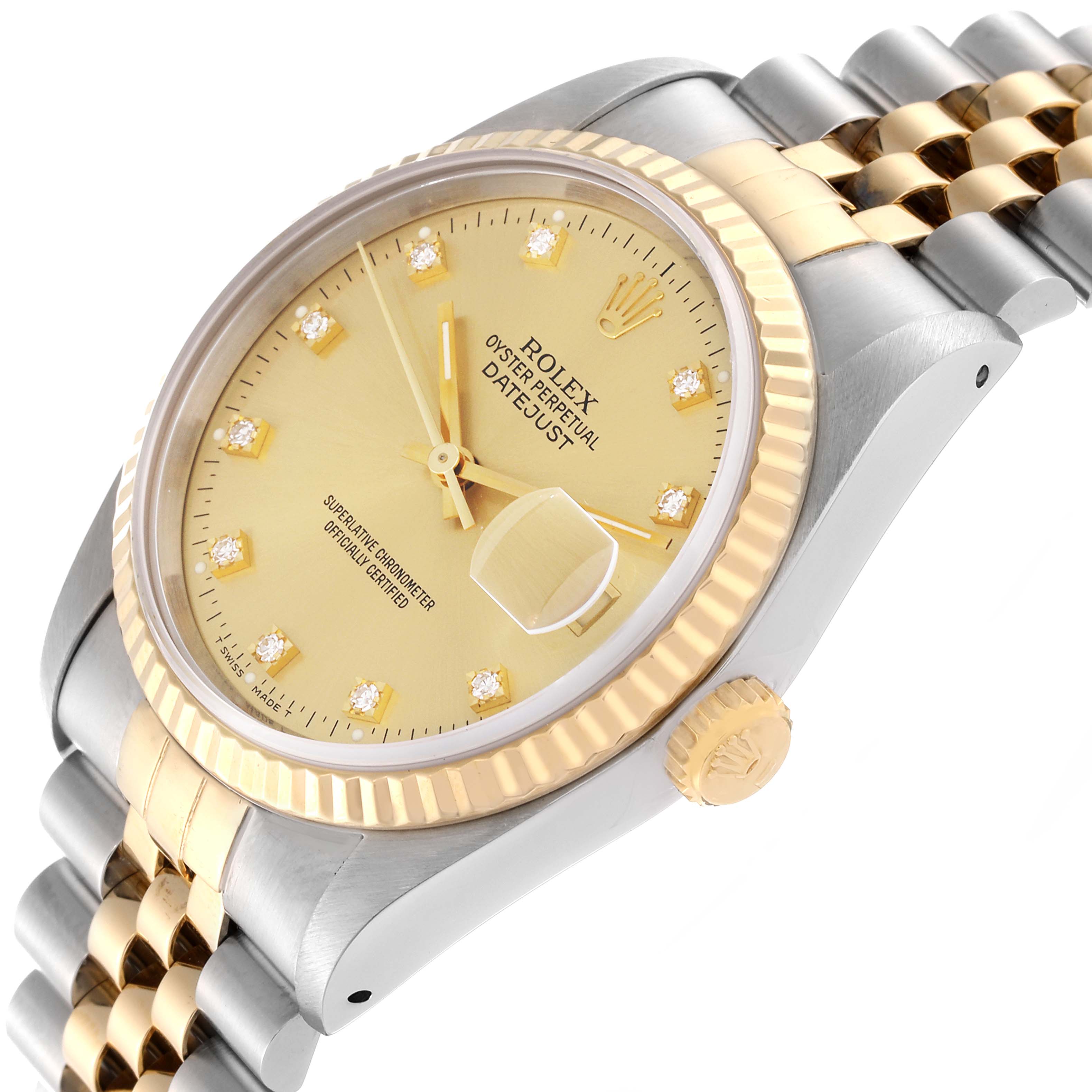This image shows a close-up angle of the Rolex Datejust 16233 Men's Steel and Gold (two tone) Champagne Dial 16233 Men's Steel and Gold (two tone) Champagne Dial watch showcasing its face, fluted bezel, crown, and two-tone jubilee bracelet.