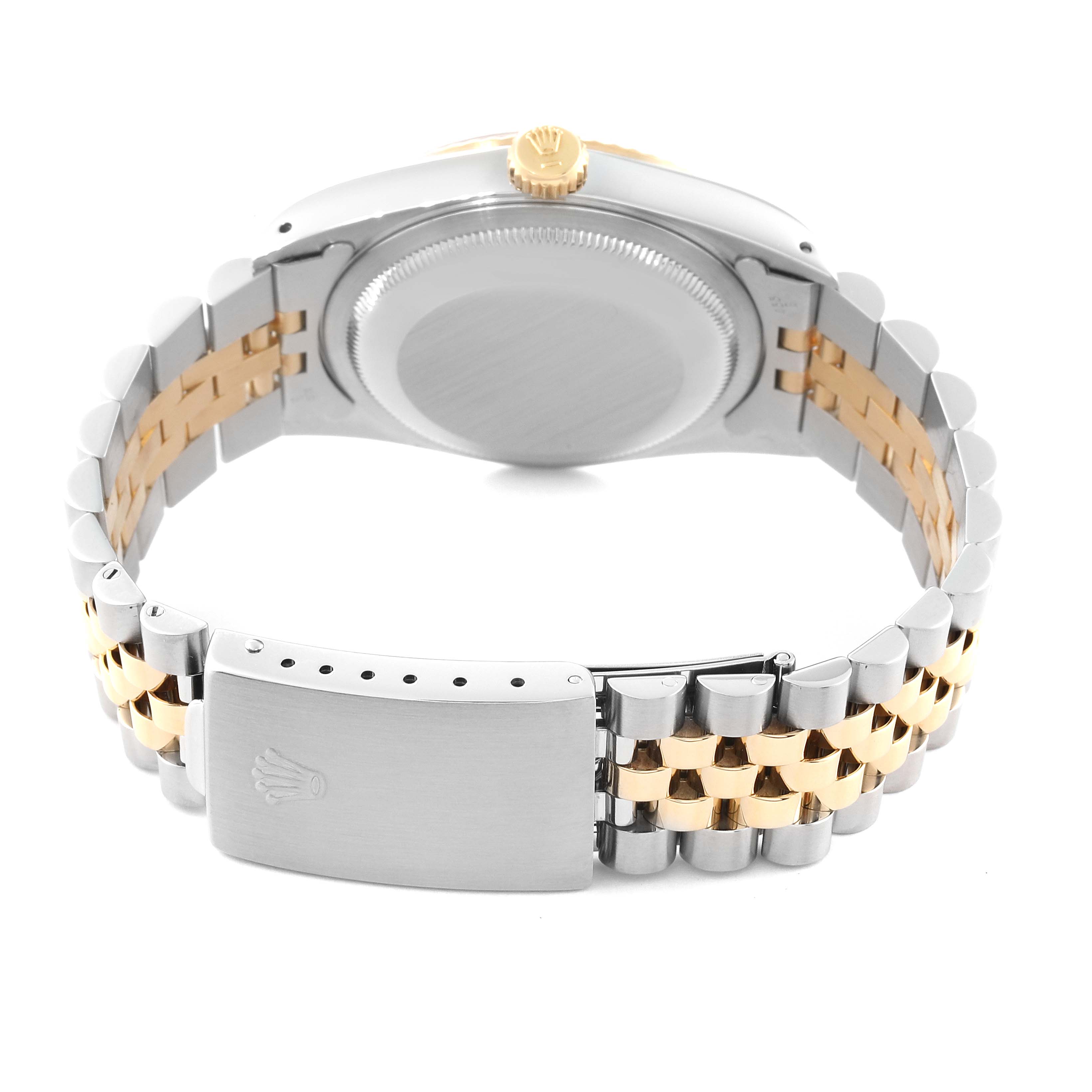 The image shows the back view of a Rolex Datejust 16233 Men's Steel and Gold (two tone) Champagne Dial 16233 Men's Steel and Gold (two tone) Champagne Dial watch, highlighting the case back, crown, and two-tone Jubilee bracelet with clasp.