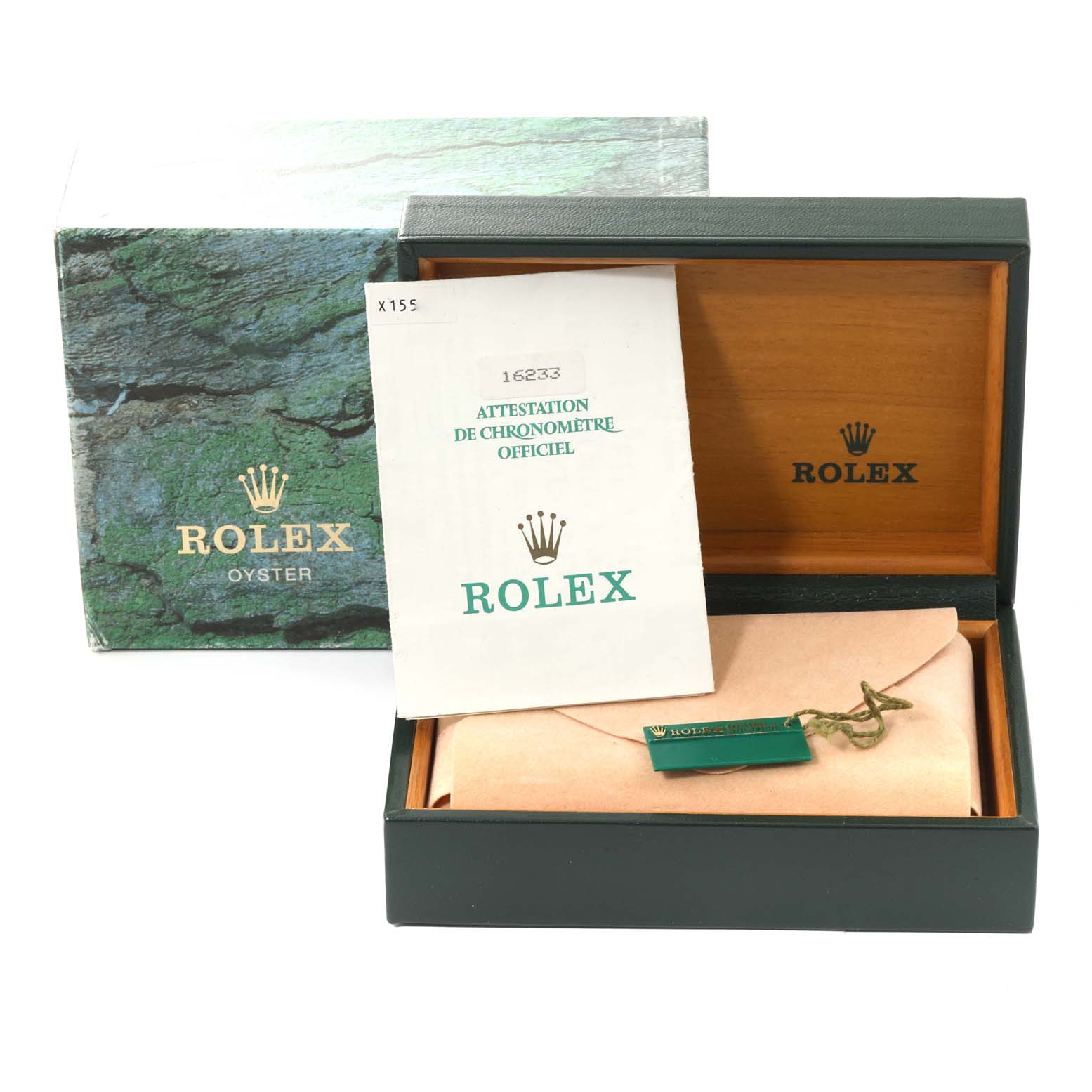 The image shows a Rolex Datejust 16233 Men's Steel and Gold (two tone) Champagne Dial 16233 Men's Steel and Gold (two tone) Champagne Dial box, manual, and tag with the box lid partially opened.