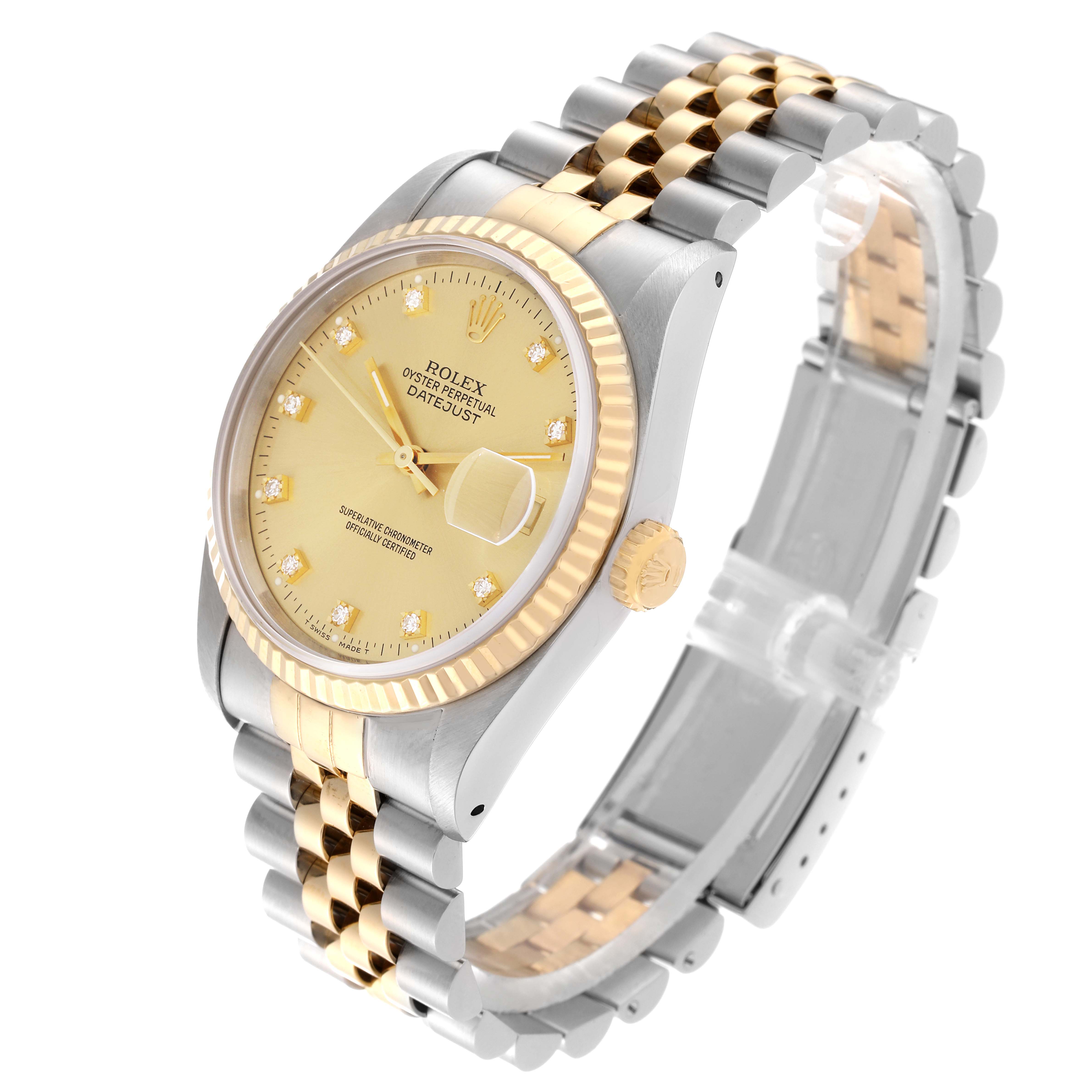 This image shows a Rolex Datejust 16233 Men's Steel and Gold (two tone) Champagne Dial 16233 Men's Steel and Gold (two tone) Champagne Dial watch from an angled side view, displaying the dial, bezel, case, and Jubilee bracelet.