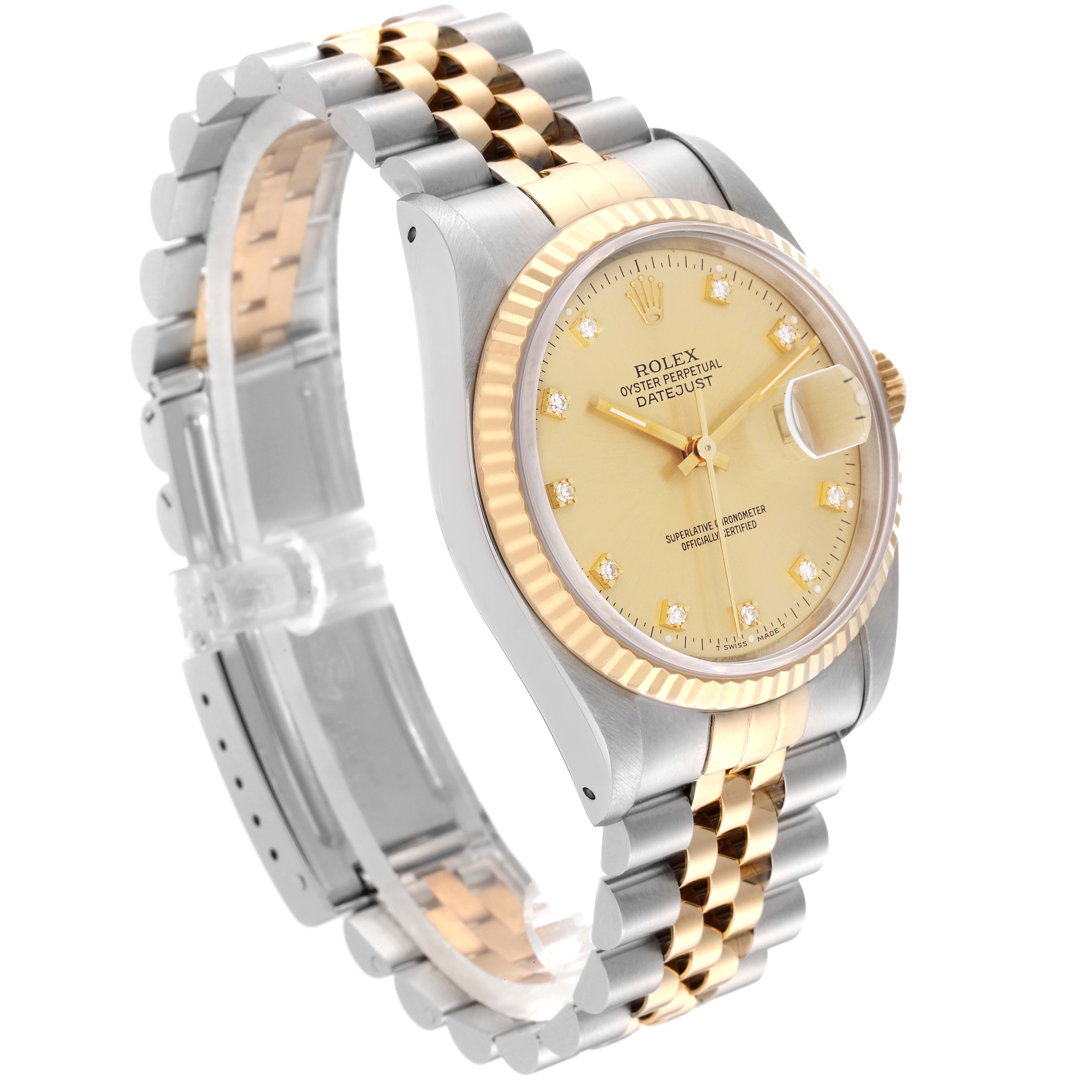 This image shows a Rolex Datejust 16233 Men's Steel and Gold (two tone) Champagne Dial 16233 Men's Steel and Gold (two tone) Champagne Dial watch at an angle displaying the face, crown, and two-tone Jubilee bracelet.