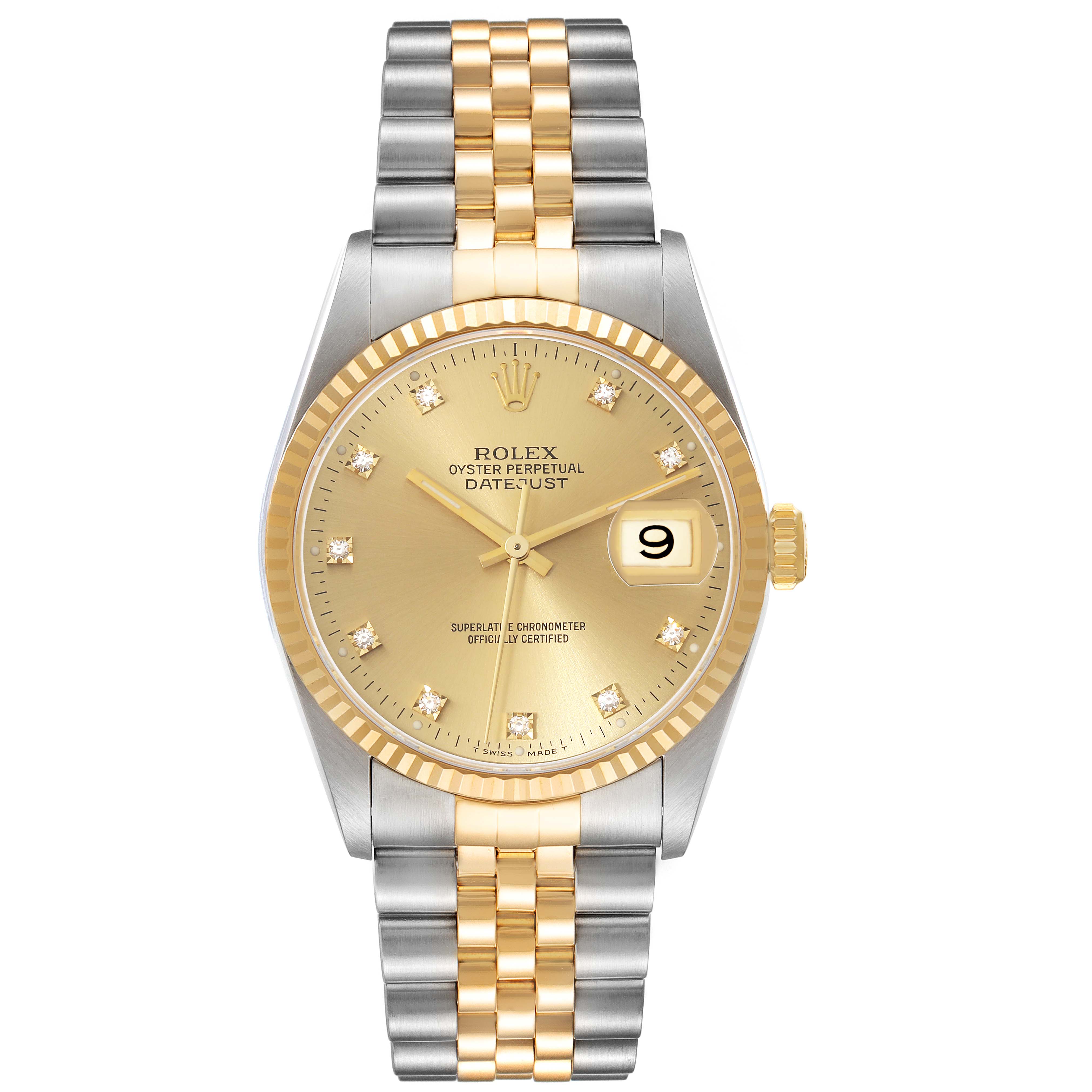 This is a Rolex Datejust 16233 Men's Steel and Gold (two tone) Champagne Dial 16233 Men's Steel and Gold (two tone) Champagne Dial watch shown from a front angle, displaying its dial, bezel, and Jubilee bracelet.