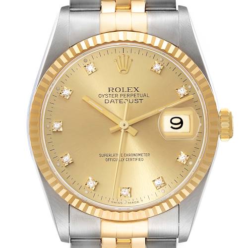 This image shows a front view of the Rolex Datejust watch, highlighting the dial, bezel, crown, and two-tone bracelet.